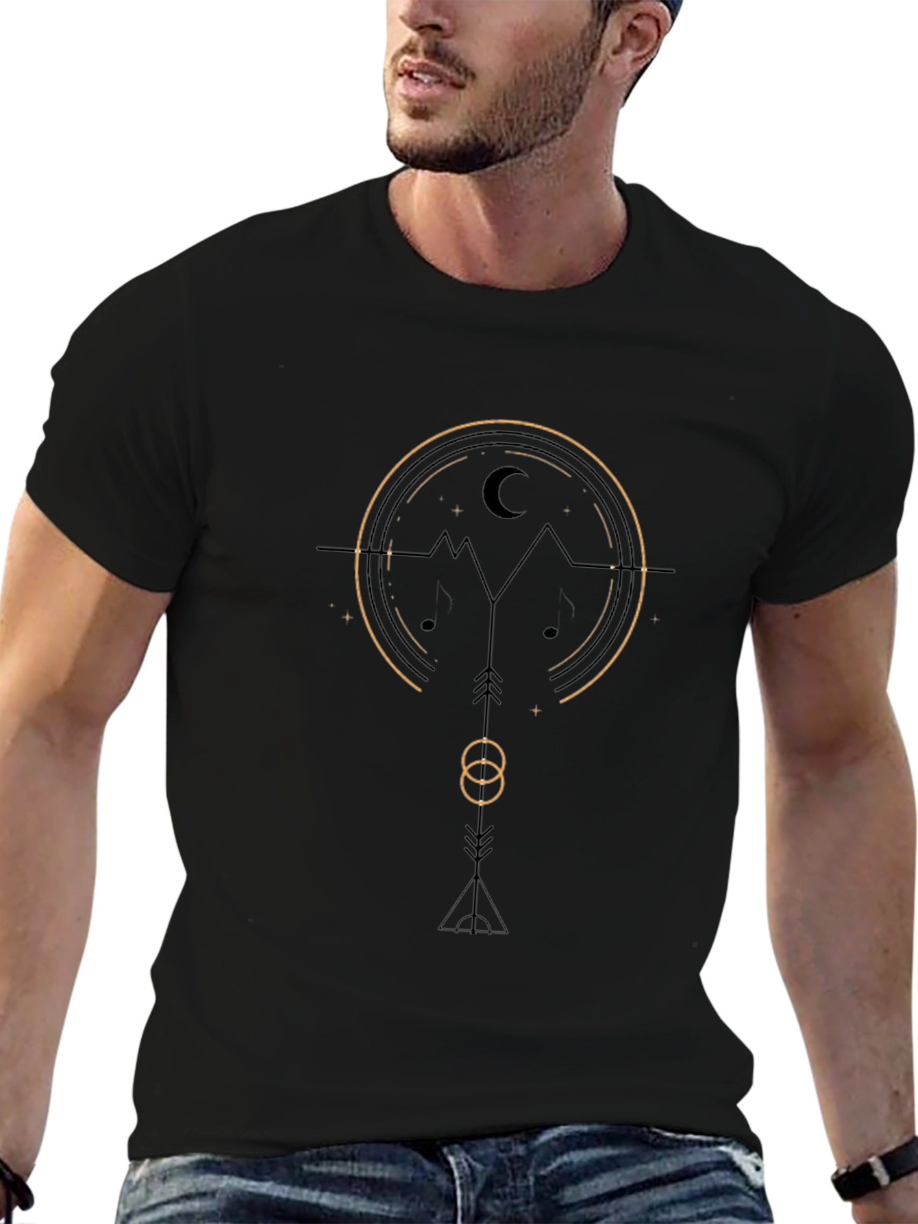 Geometric Mountain & Moon Graphic Tee - Black
