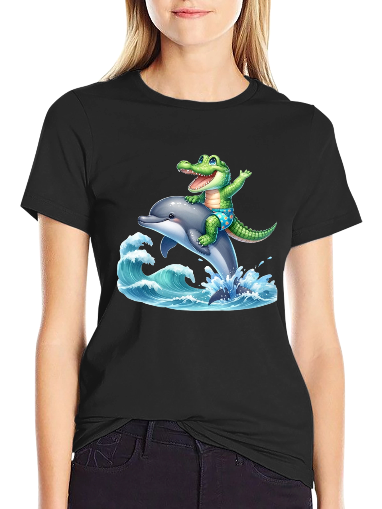 Crocodile Dolphin Ride T-Shirt - Black