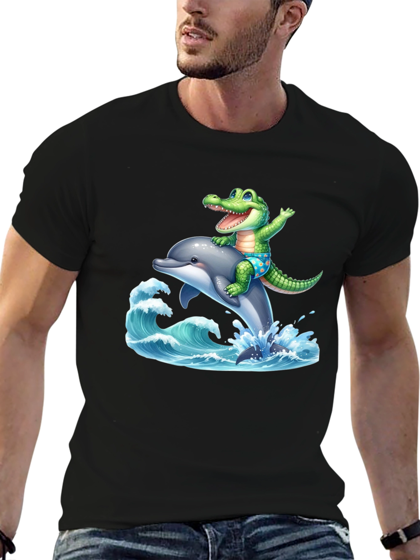 Crocodile Dolphin Ride T-Shirt - Black