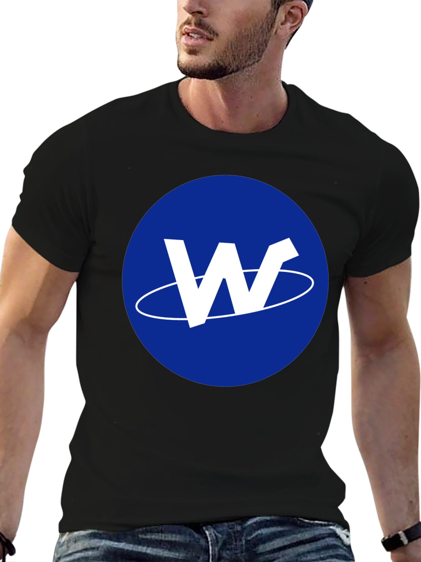 Mens Black T-Shirt with Blue W Logo Design