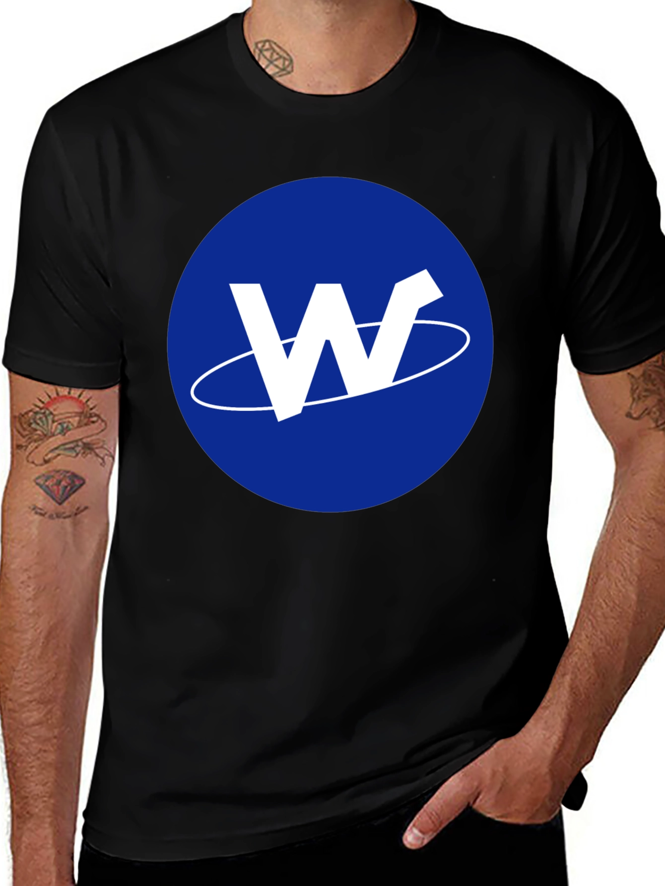 Mens Black T-Shirt with Blue W Logo Design