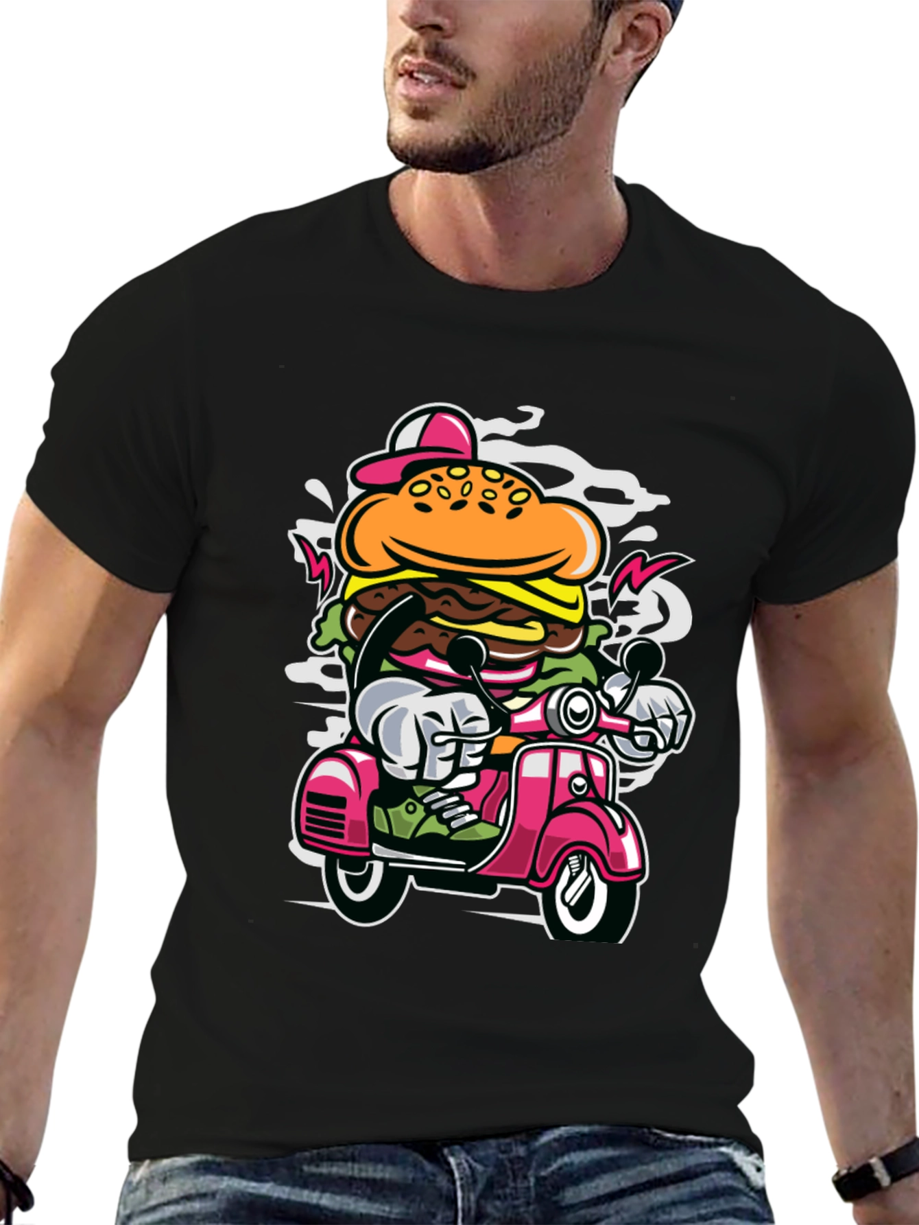 Burger on Scooter Graphic Tee - Quirky Streetwear
