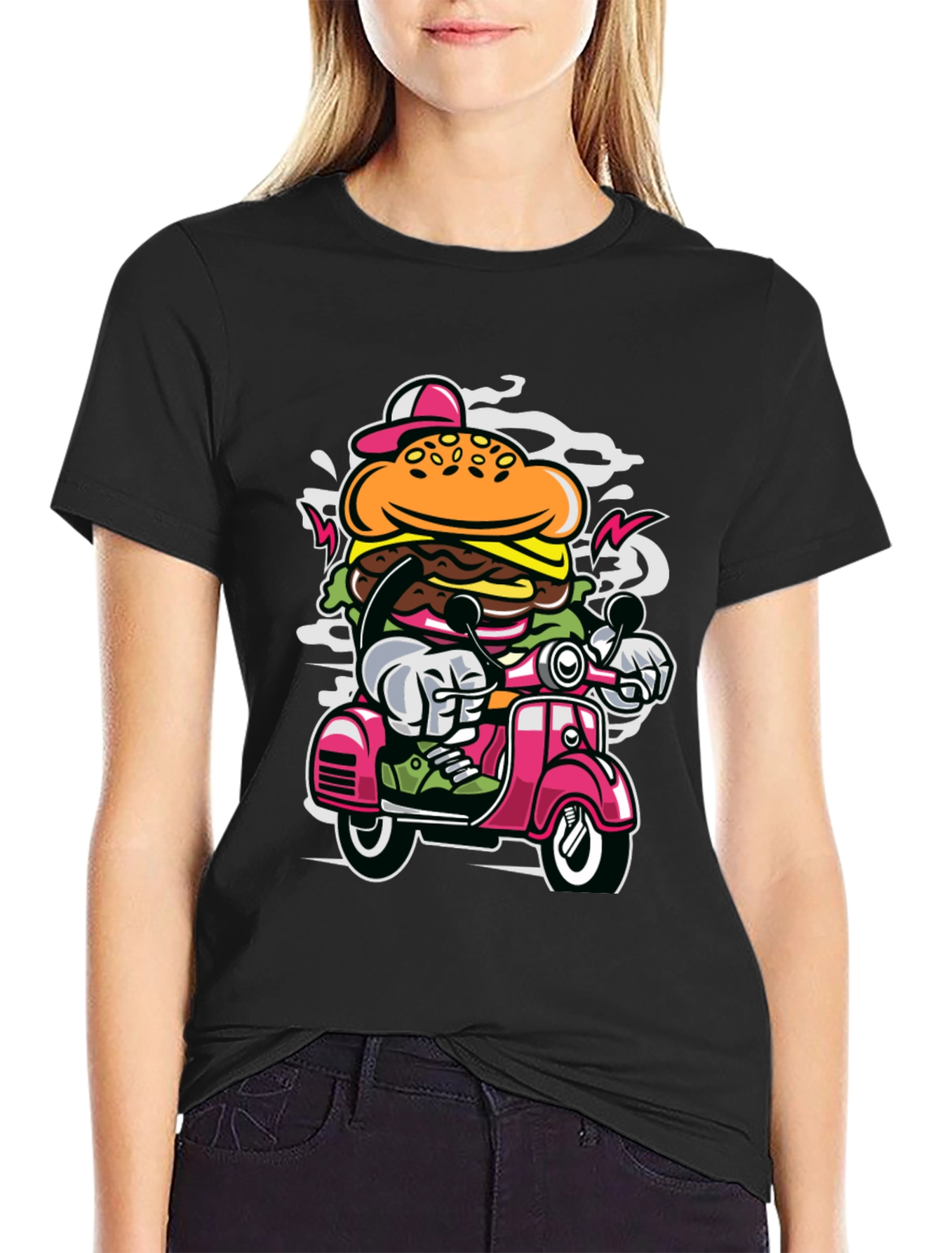 Burger on Scooter Graphic Tee - Quirky Streetwear