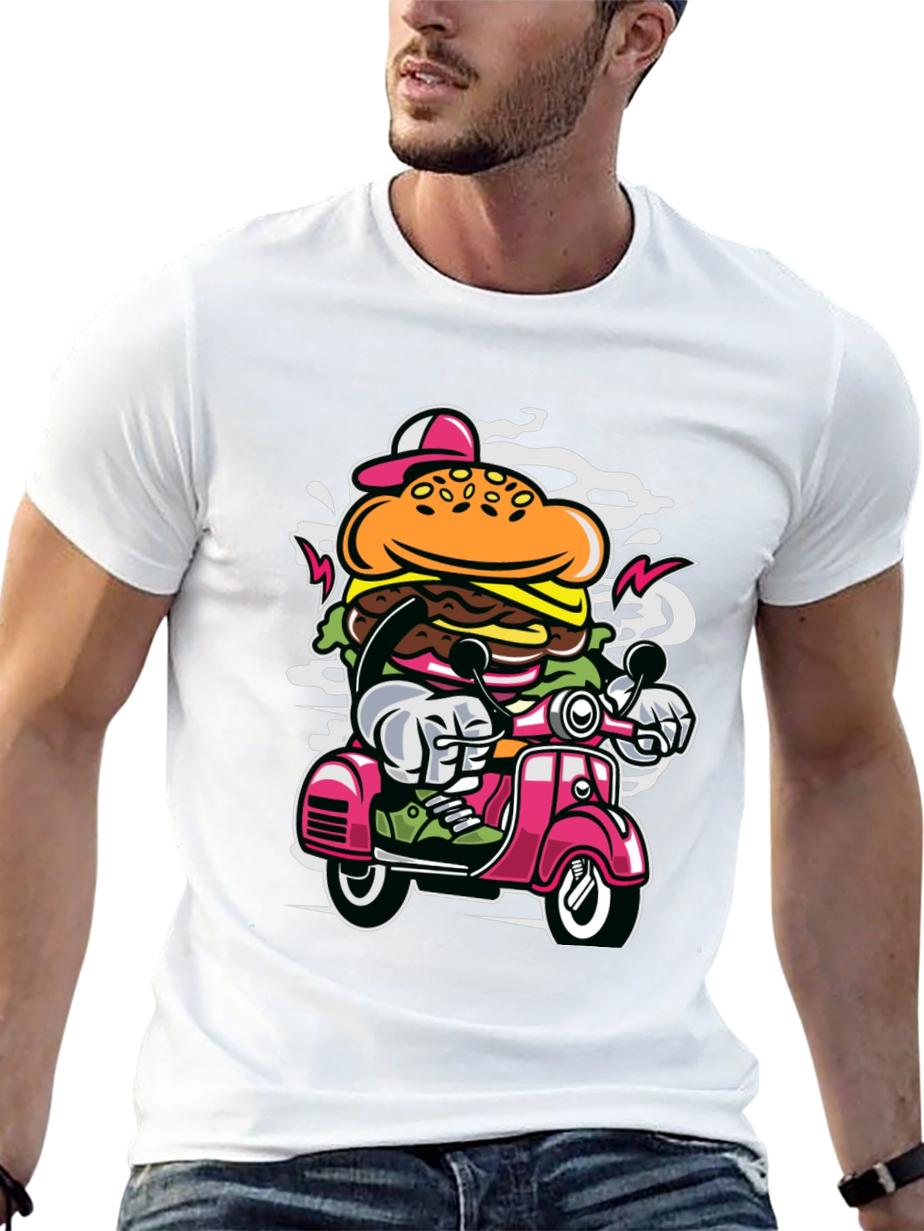 Burger on Scooter Graphic Tee - Quirky Streetwear