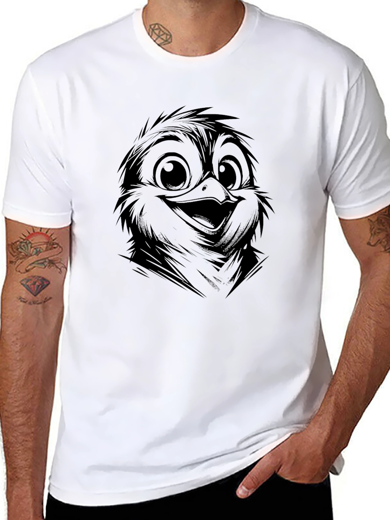 Cute Bird Graphic Tee - Black Cotton Casual T-Shirt