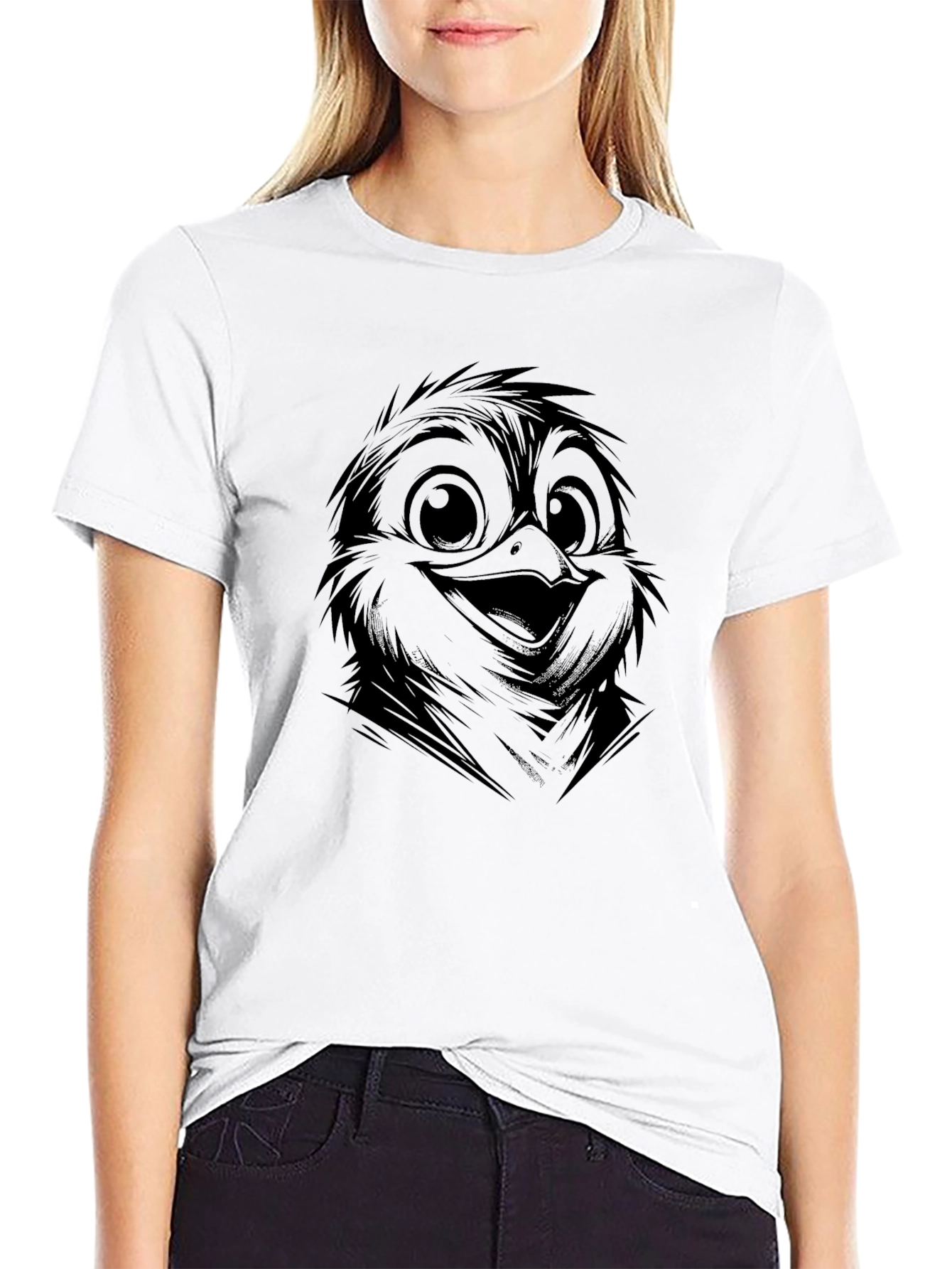 Cute Bird Graphic Tee - Black Cotton Casual T-Shirt