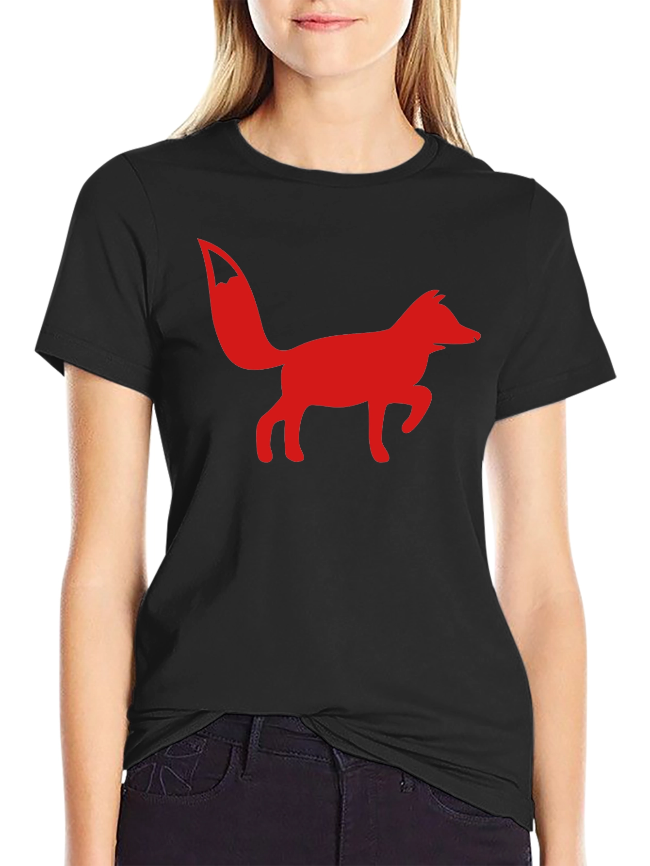 Red Fox Graphic Print Black T-Shirt