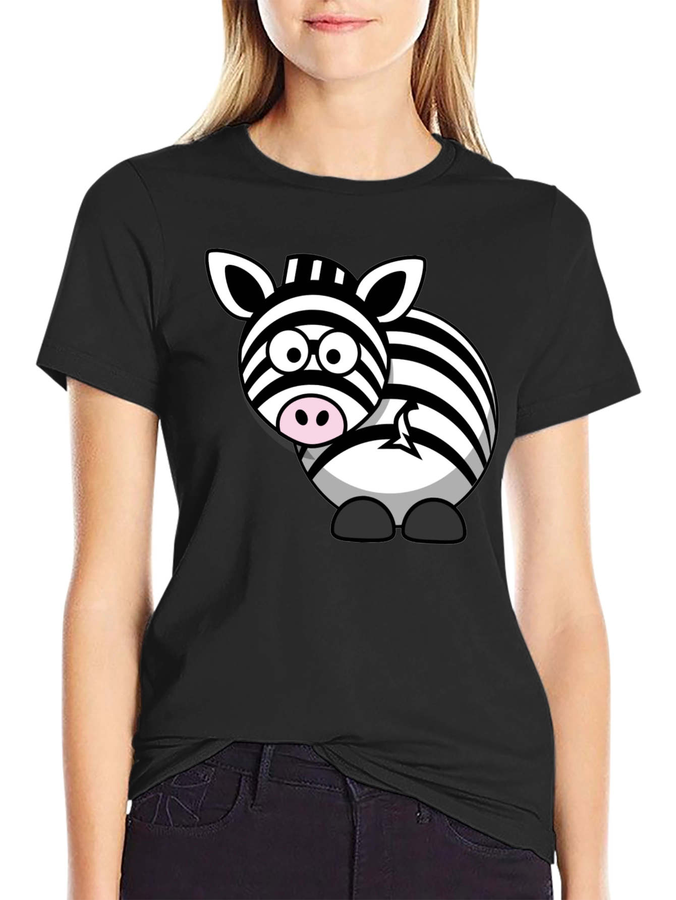 Zebra Cartoon Graphic Print T-Shirt - Black