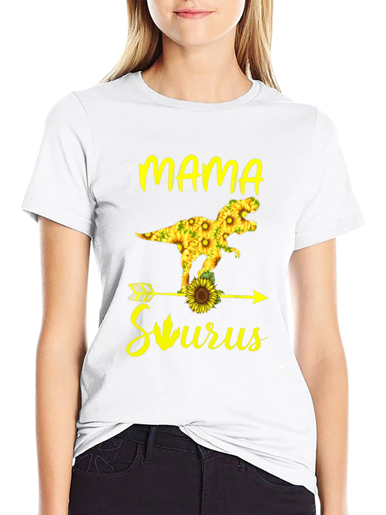 Mama Saurus Sunflower Graphic T-Shirt