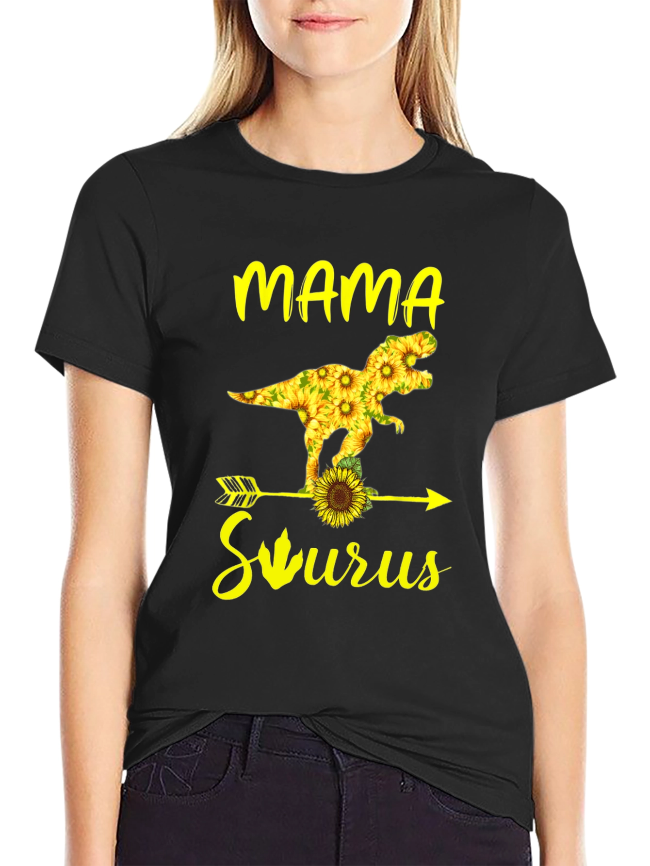 Mama Saurus Sunflower Graphic T-Shirt