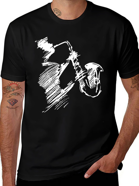 Black T-Shirt with Jazz Saxophone Graphic