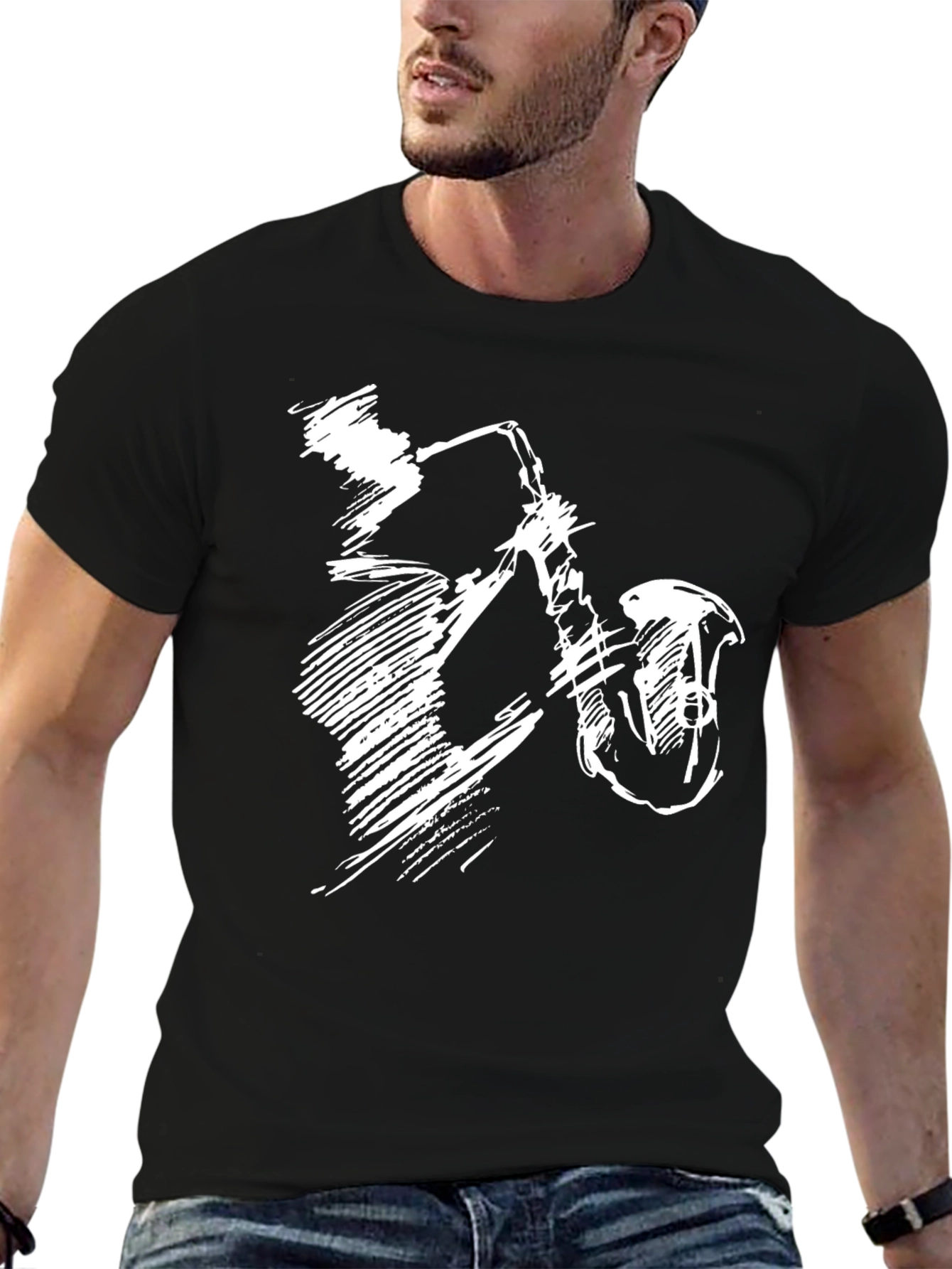 Black T-Shirt with Jazz Saxophone Graphic
