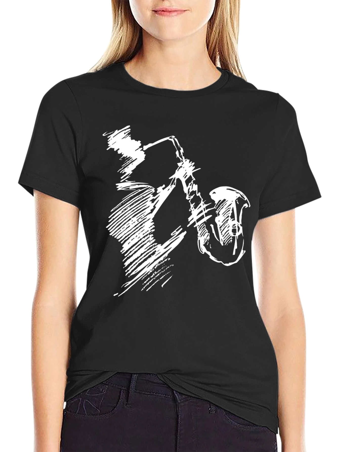 Black T-Shirt with Jazz Saxophone Graphic