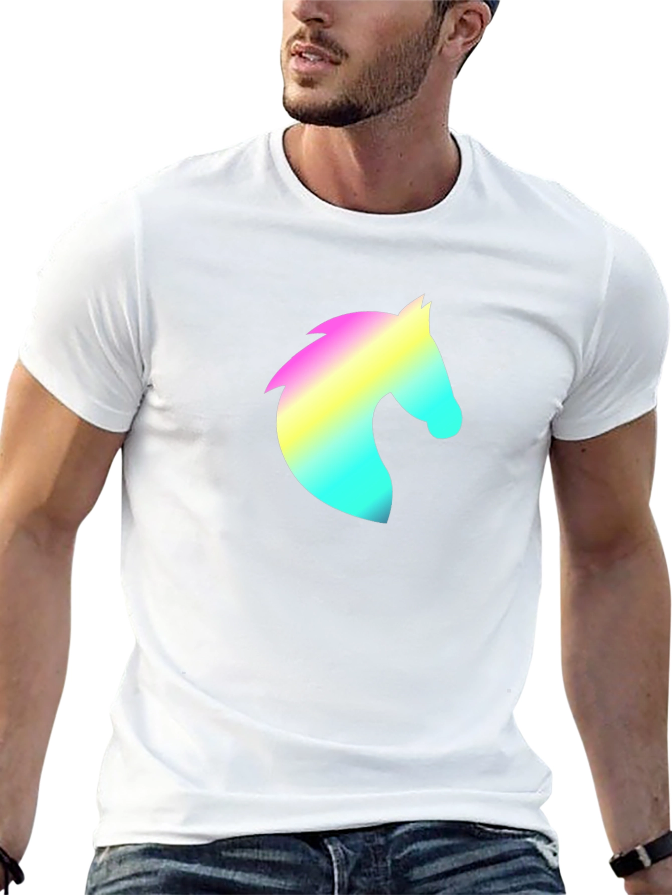 Mens Black T-Shirt with Rainbow Horse Head Design