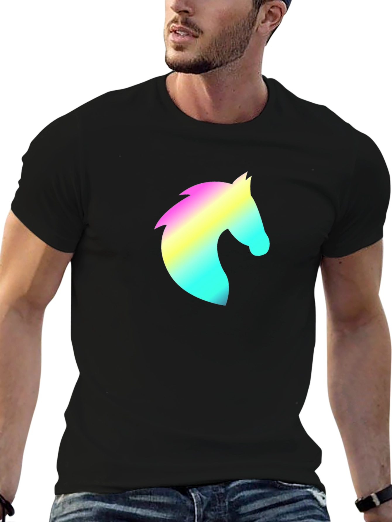 Mens Black T-Shirt with Rainbow Horse Head Design