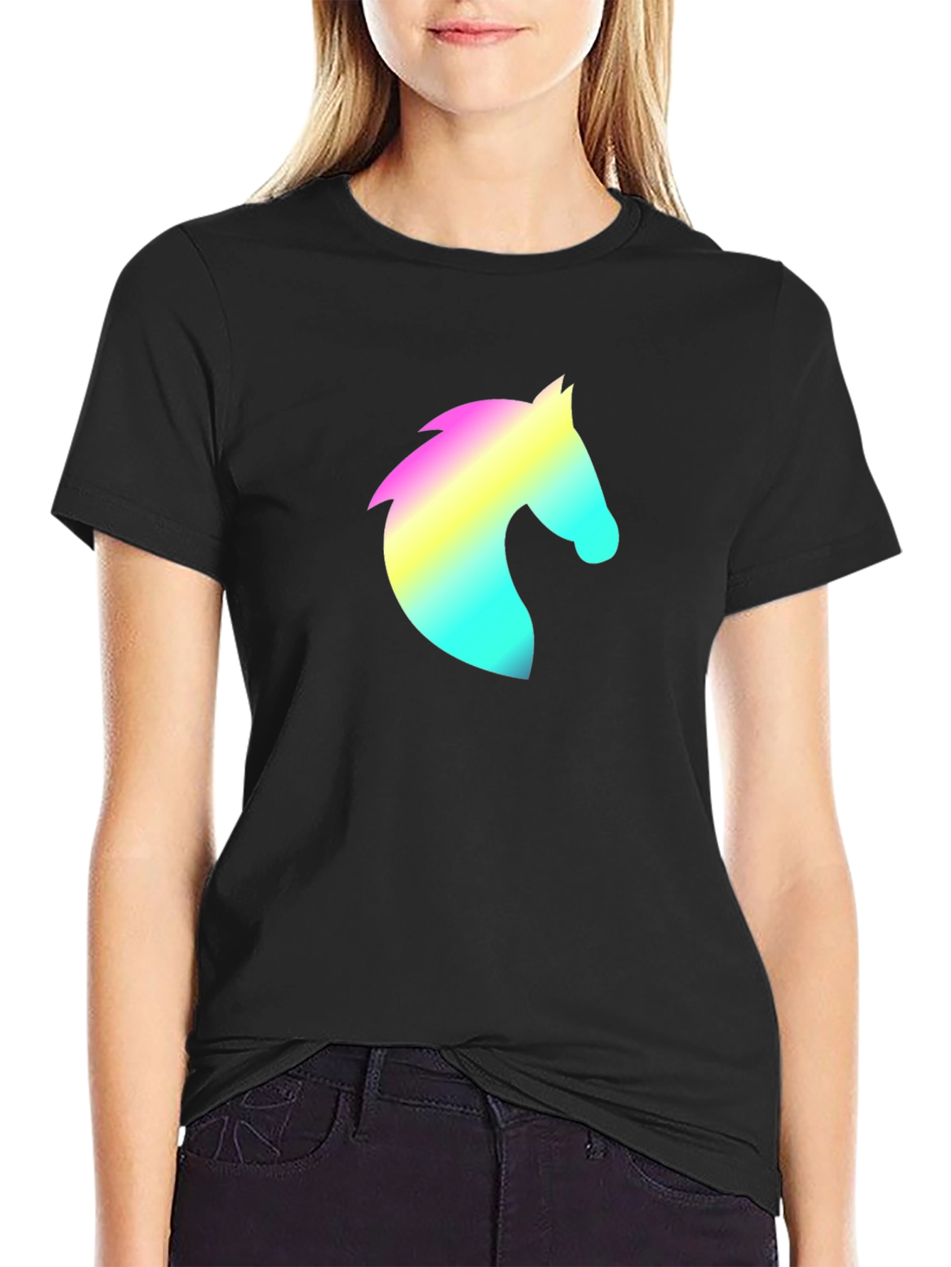 Mens Black T-Shirt with Rainbow Horse Head Design