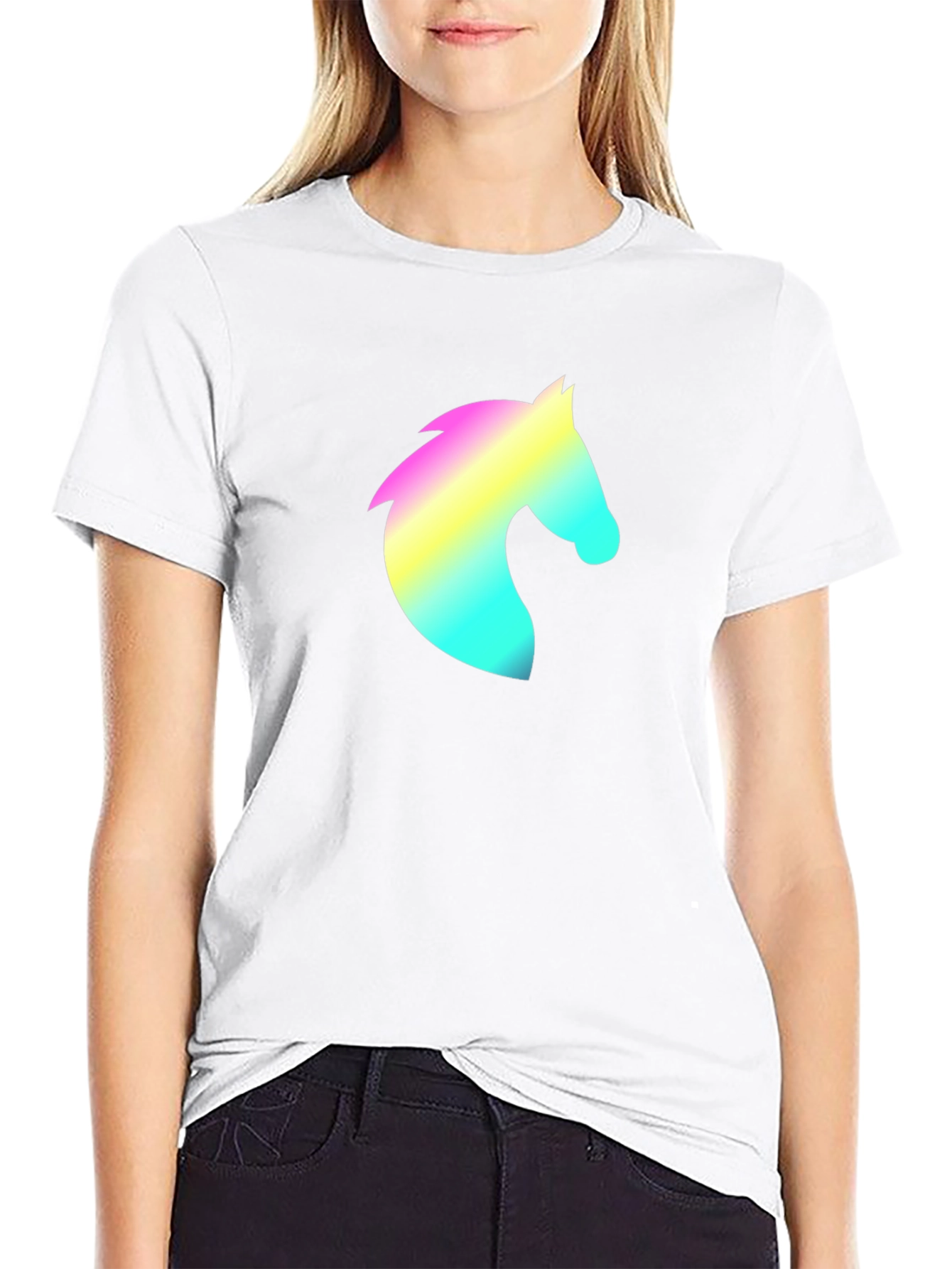 Mens Black T-Shirt with Rainbow Horse Head Design