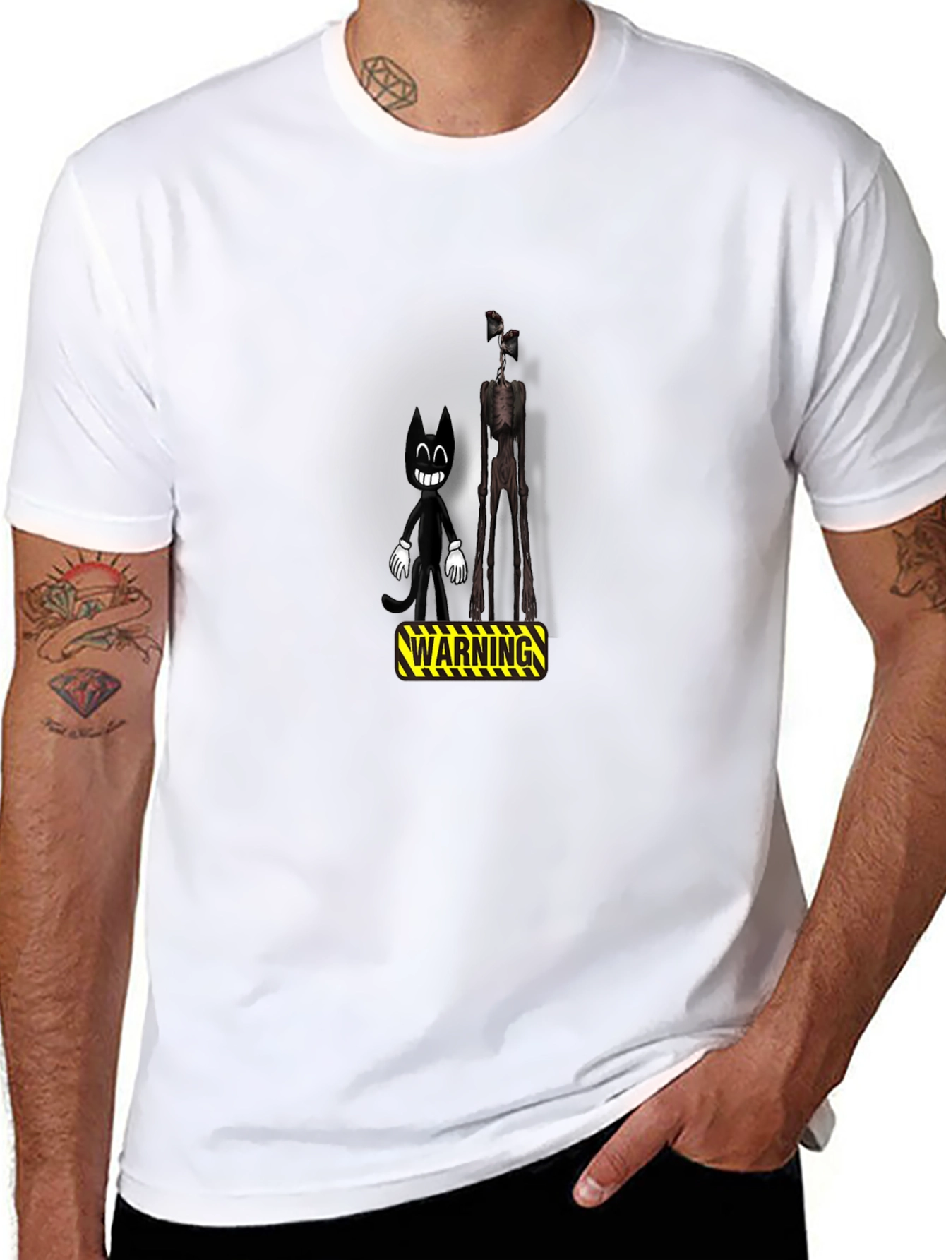 Cartoon Cat & Siren Head Warning Black T-Shirt