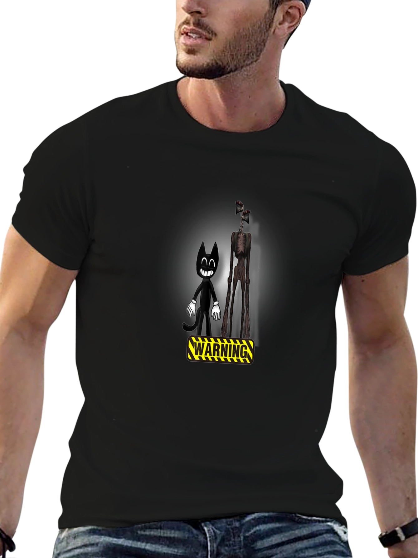 Cartoon Cat & Siren Head Warning Black T-Shirt