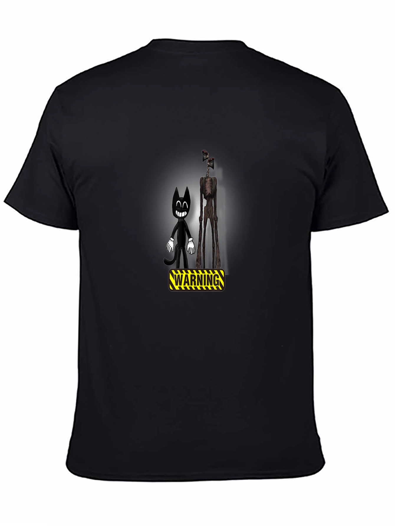 Cartoon Cat & Siren Head Warning Black T-Shirt