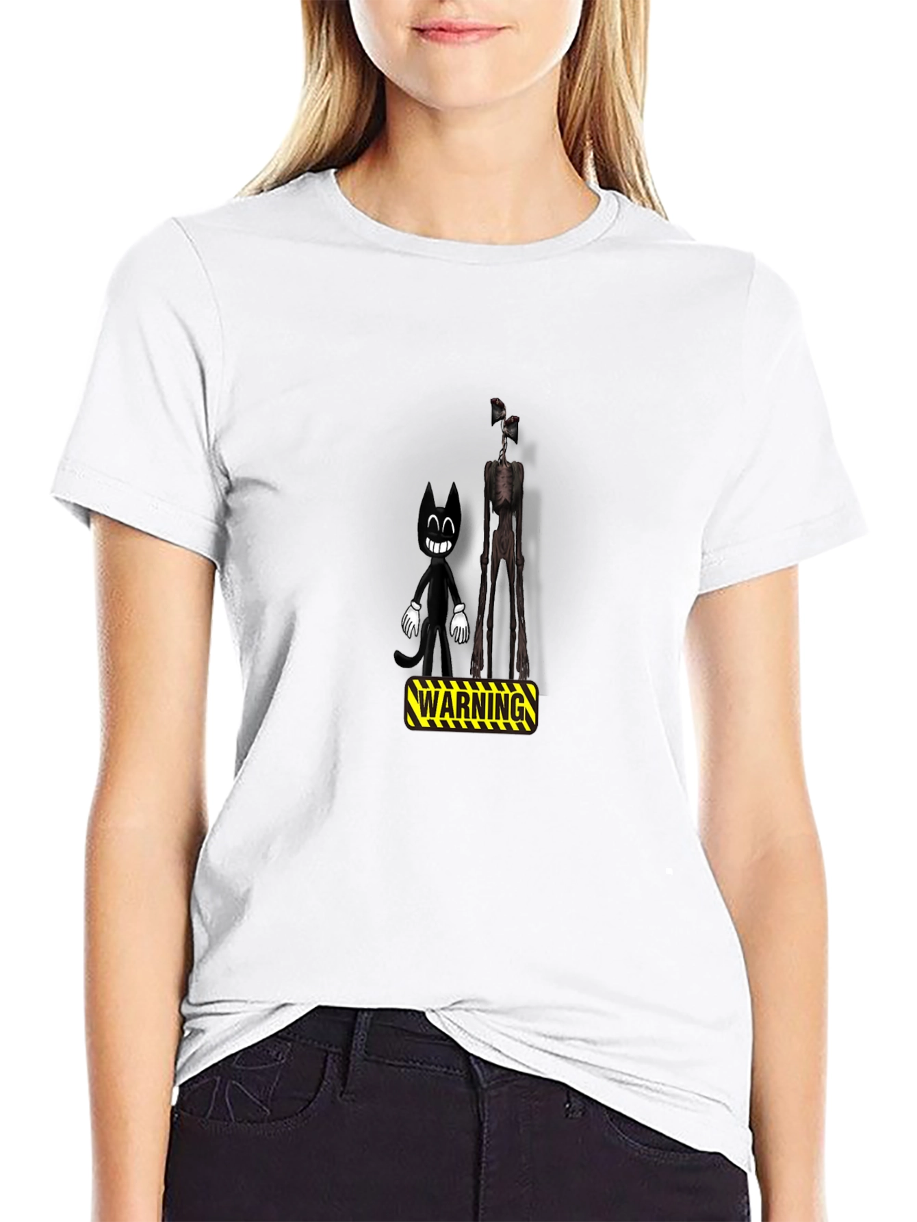 Cartoon Cat & Siren Head Warning Black T-Shirt