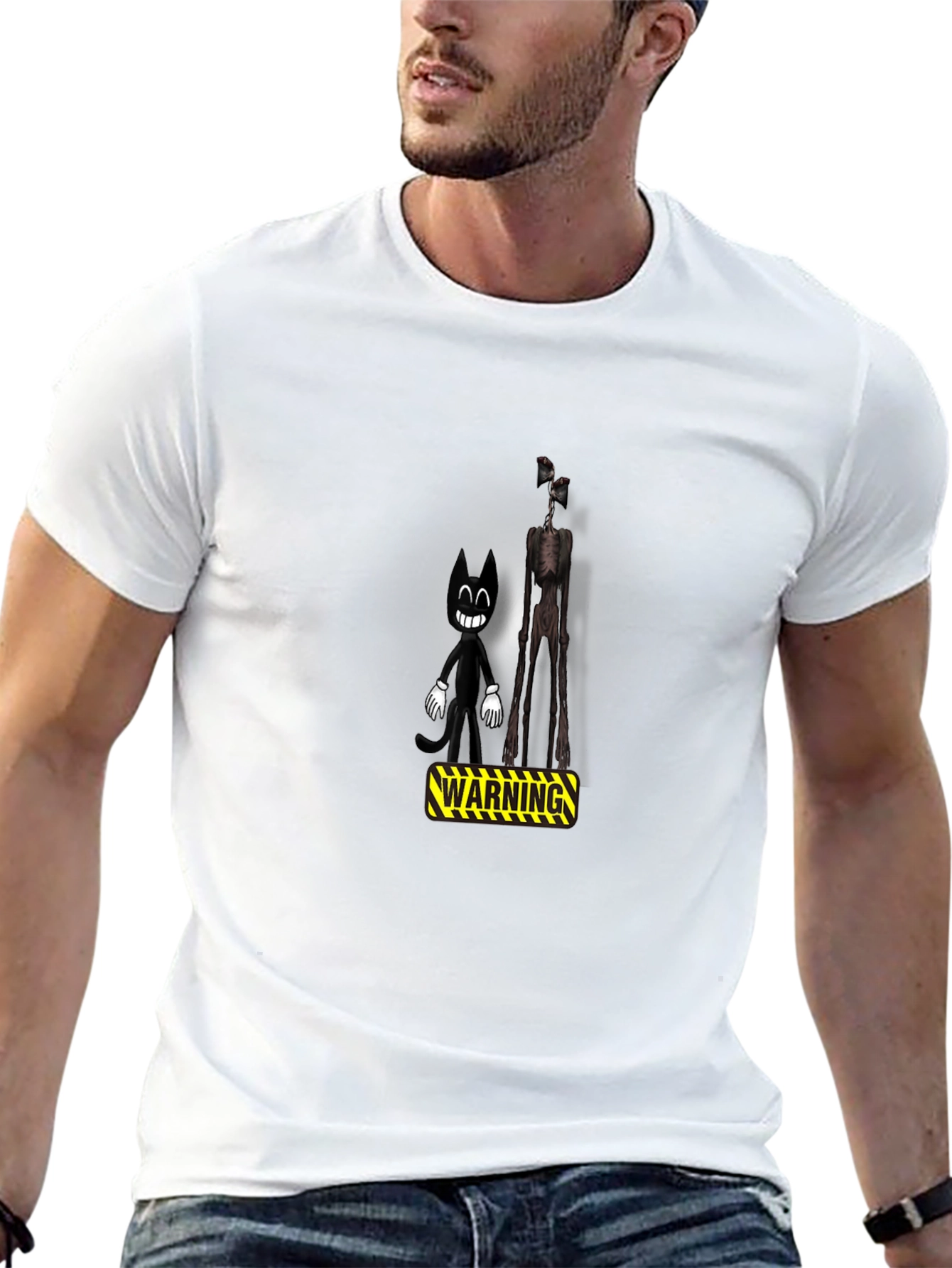Cartoon Cat & Siren Head Warning Black T-Shirt