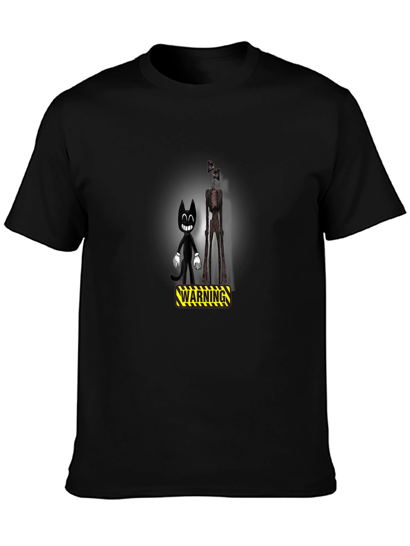 Cartoon Cat & Siren Head Warning Black T-Shirt