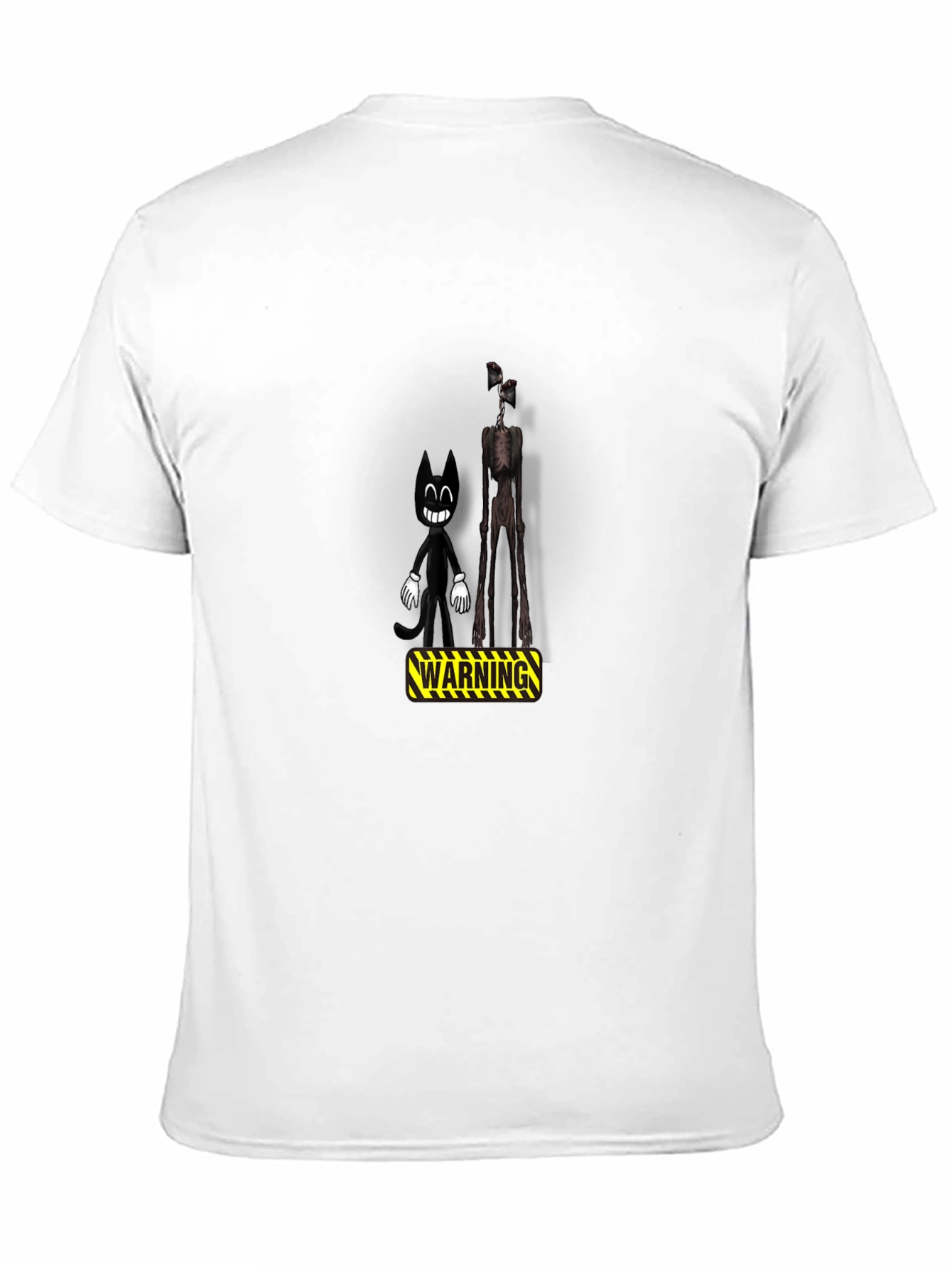 Cartoon Cat & Siren Head Warning Black T-Shirt