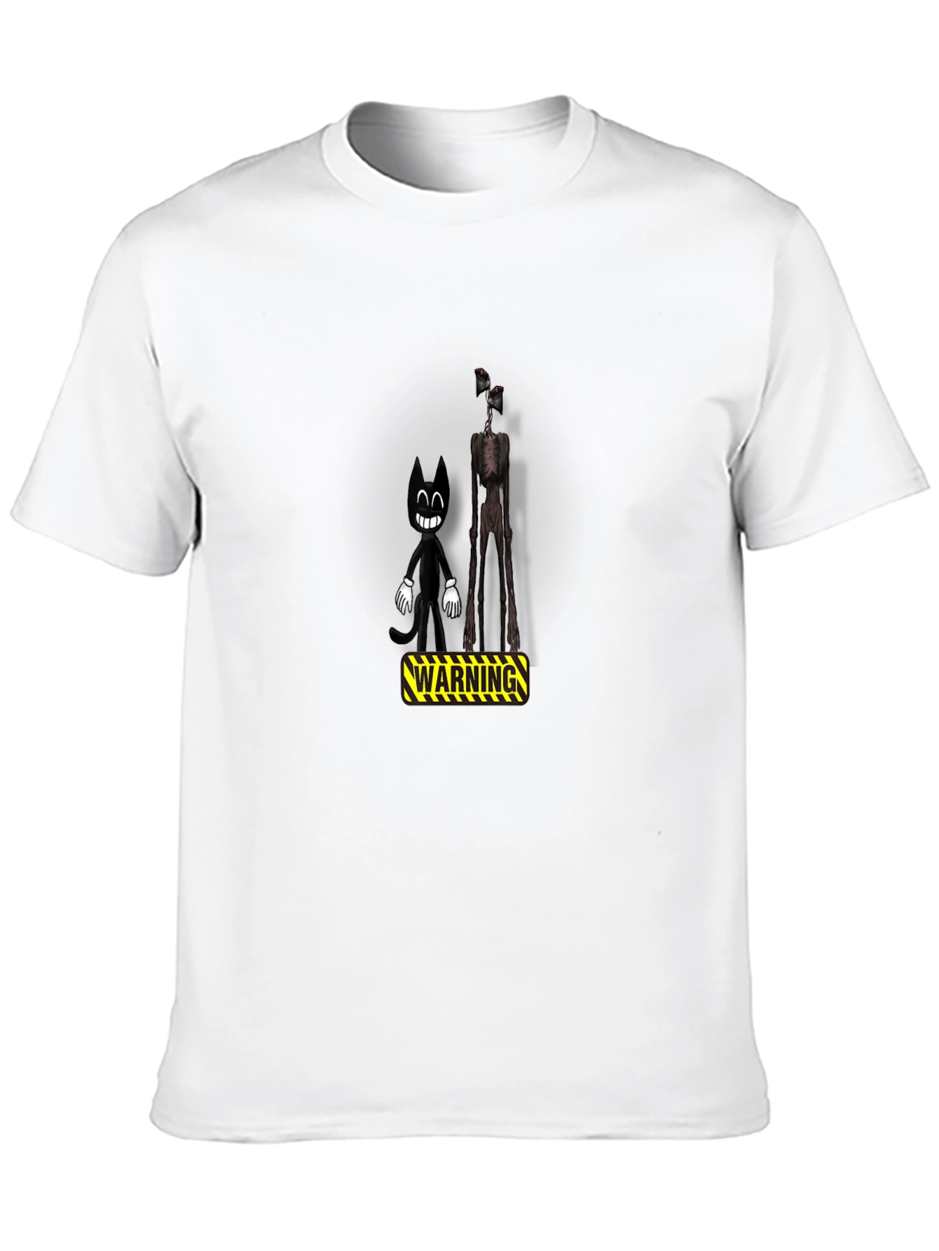 Cartoon Cat & Siren Head Warning Black T-Shirt