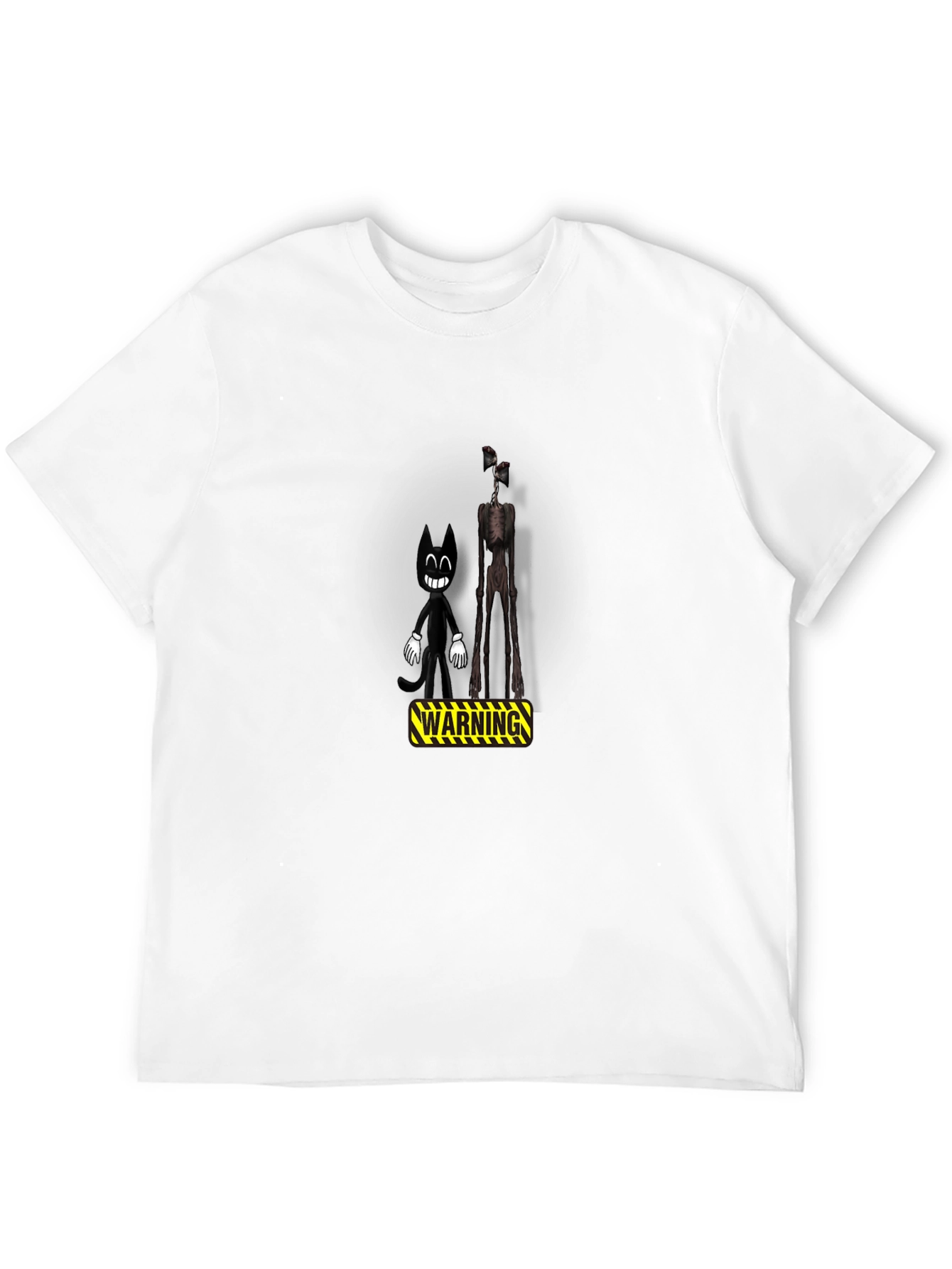 Cartoon Cat & Siren Head Warning Black T-Shirt