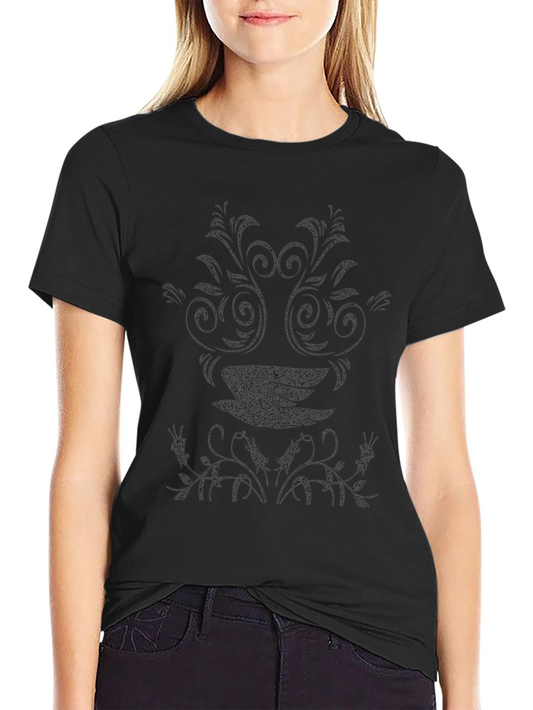 Black T-Shirt with Floral Bird Design