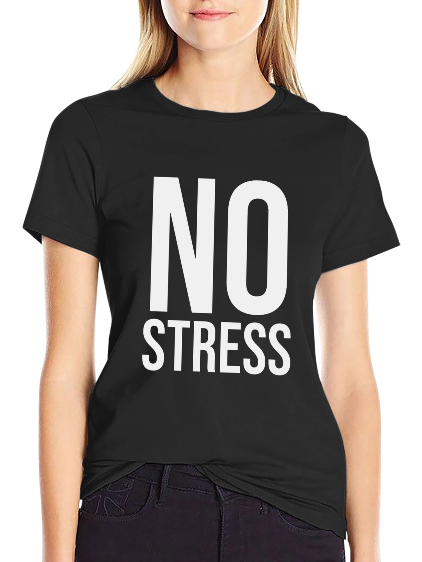 No Stress Black T-Shirt Casual Cotton Tee