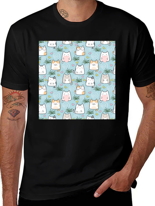 Cute Cats Pattern T-Shirt - Mens Black Tee