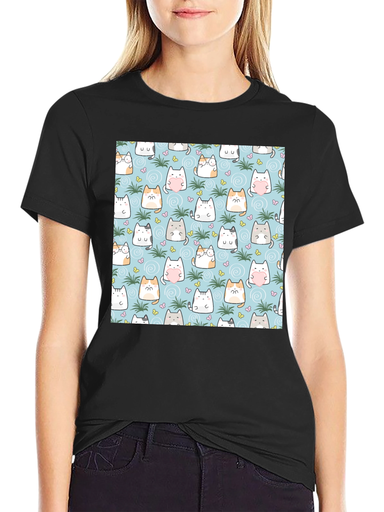 Cute Cats Pattern T-Shirt - Mens Black Tee