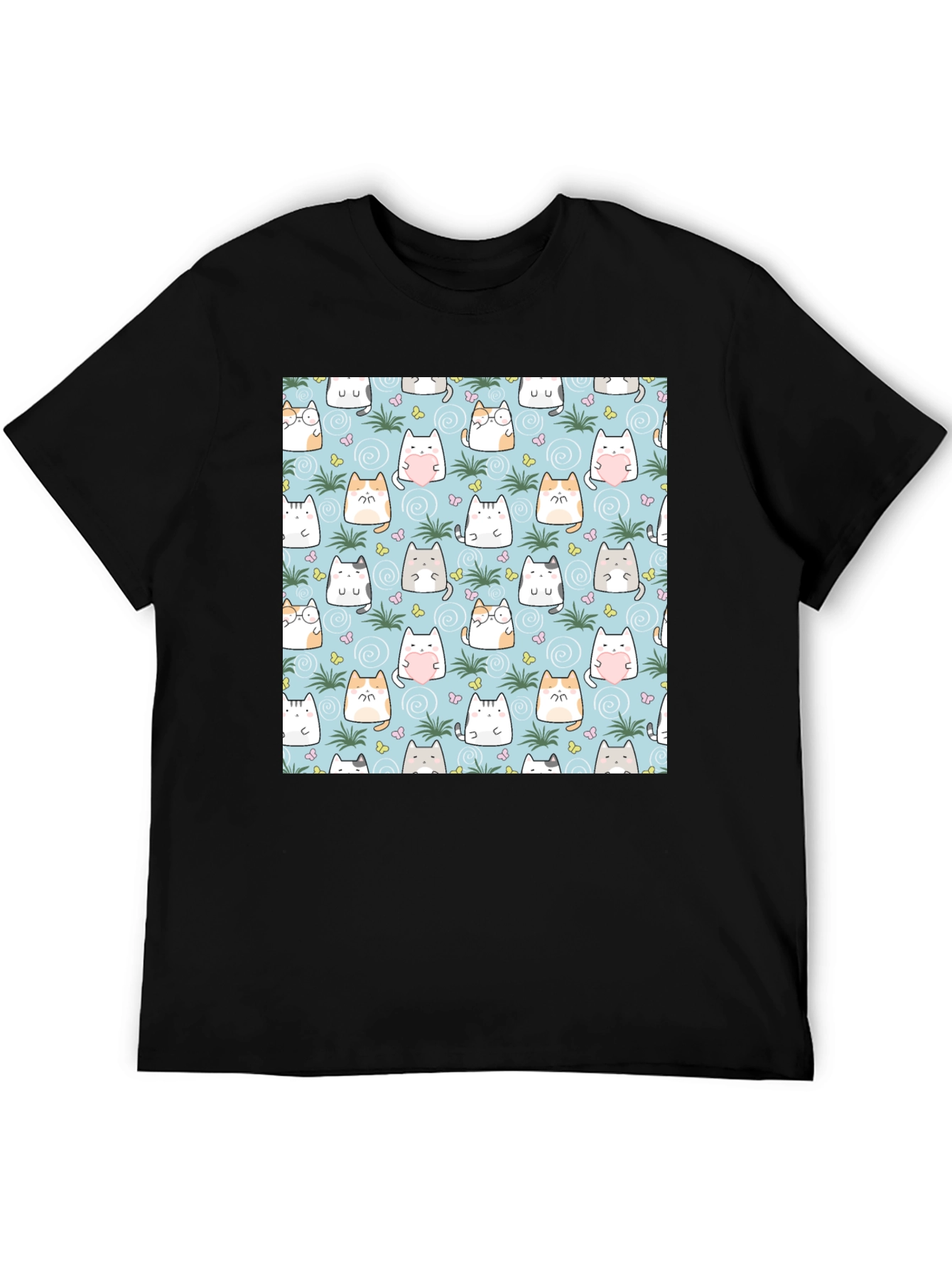Cute Cats Pattern T-Shirt - Mens Black Tee