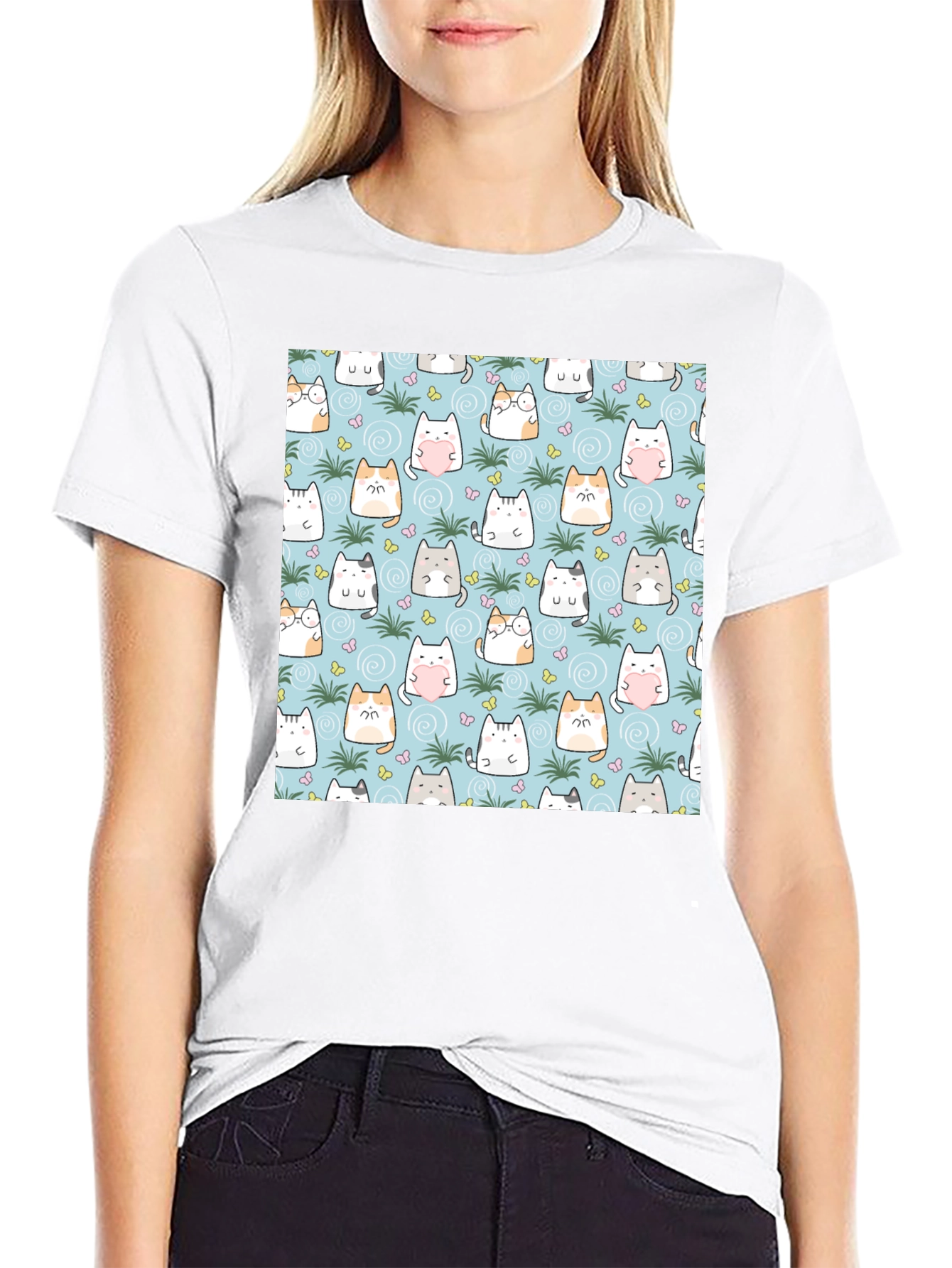 Cute Cats Pattern T-Shirt - Mens Black Tee