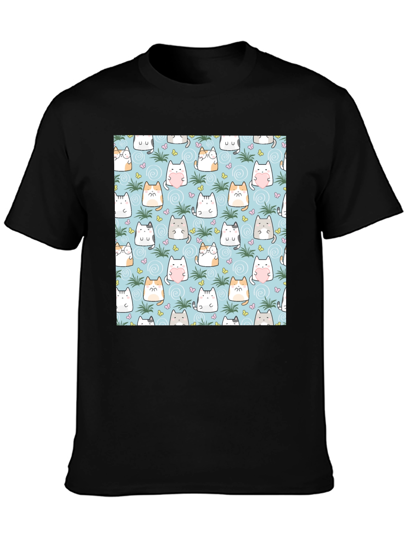 Cute Cats Pattern T-Shirt - Mens Black Tee