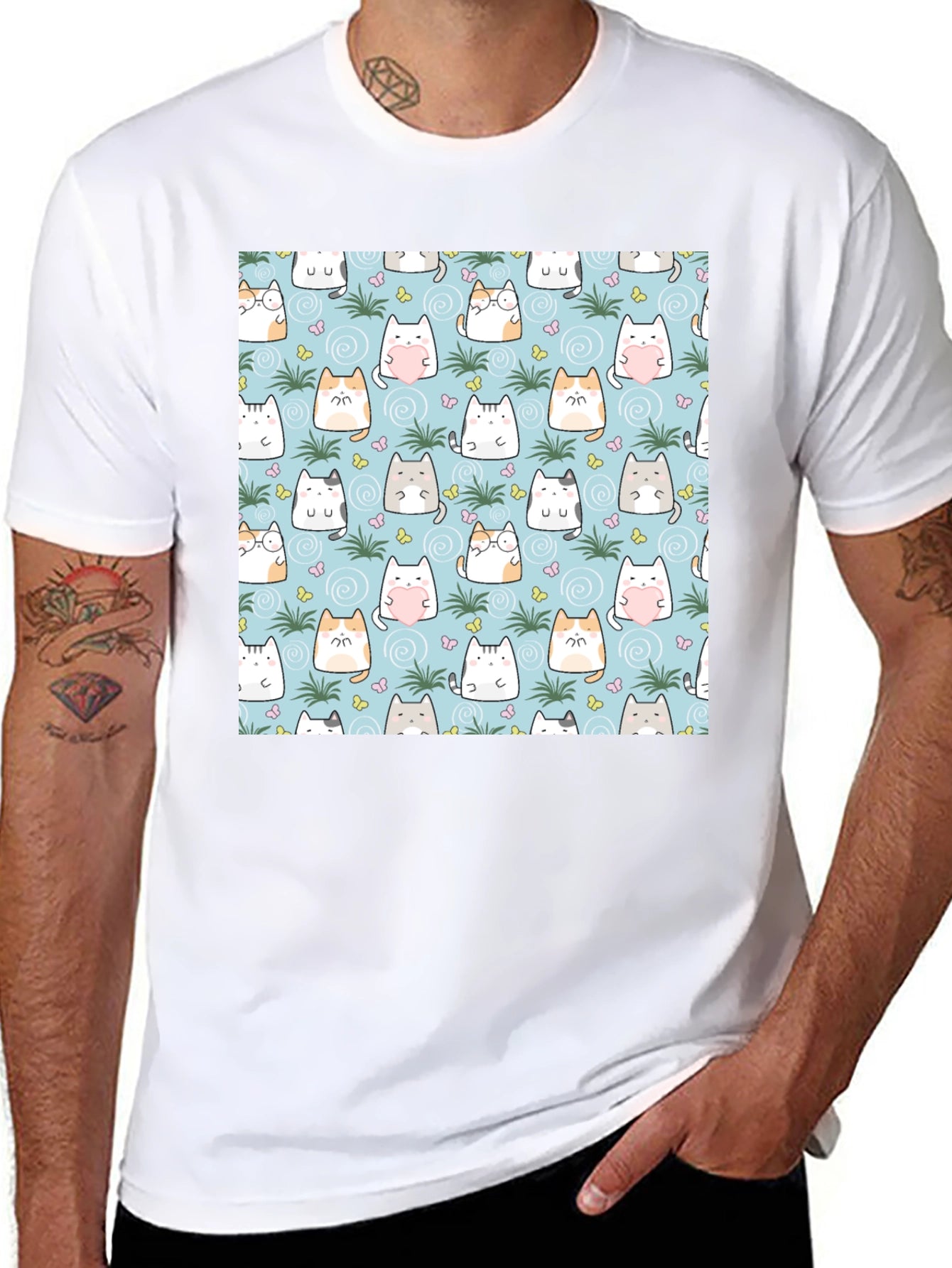 Cute Cats Pattern T-Shirt - Mens Black Tee