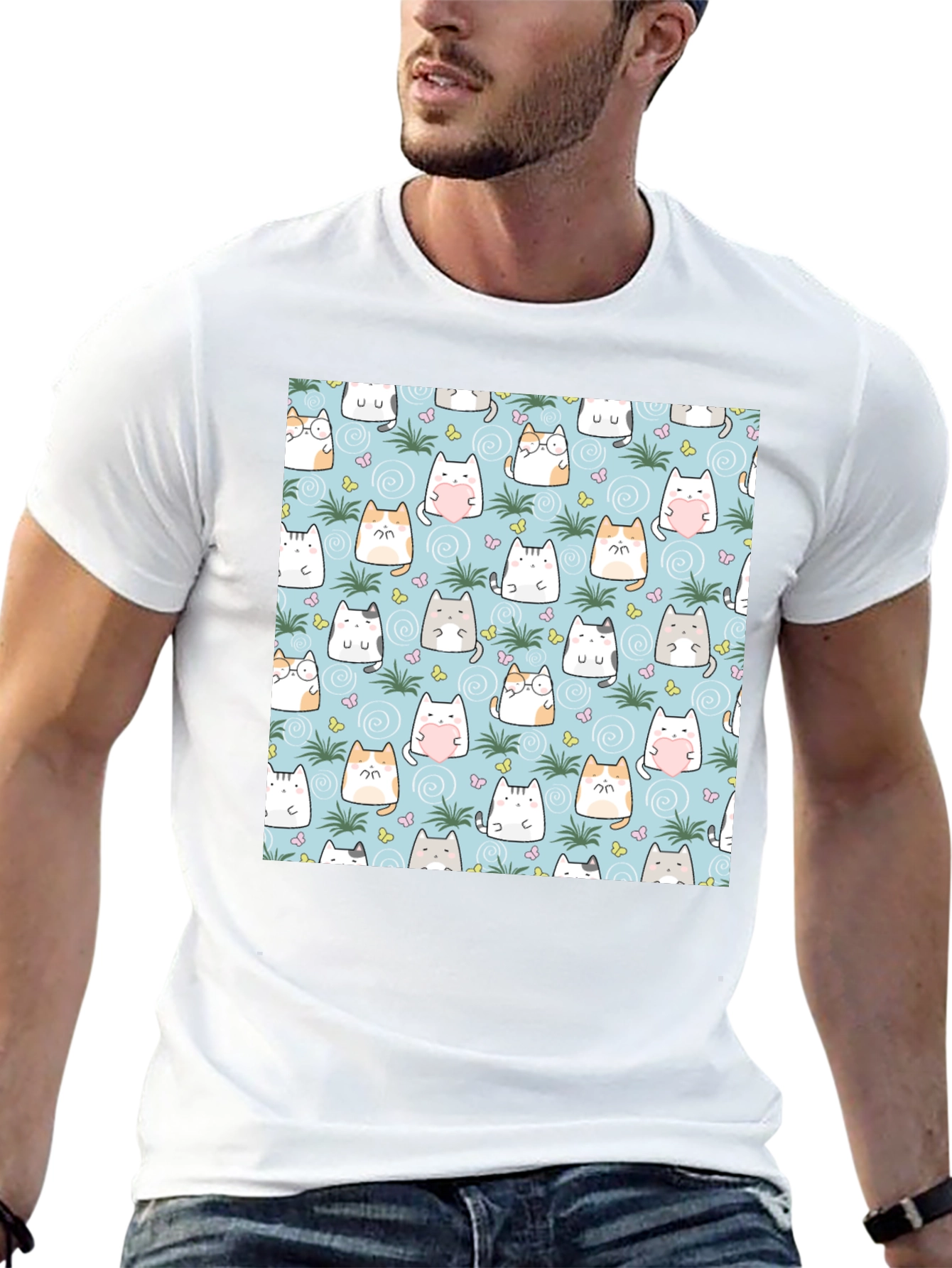 Cute Cats Pattern T-Shirt - Mens Black Tee