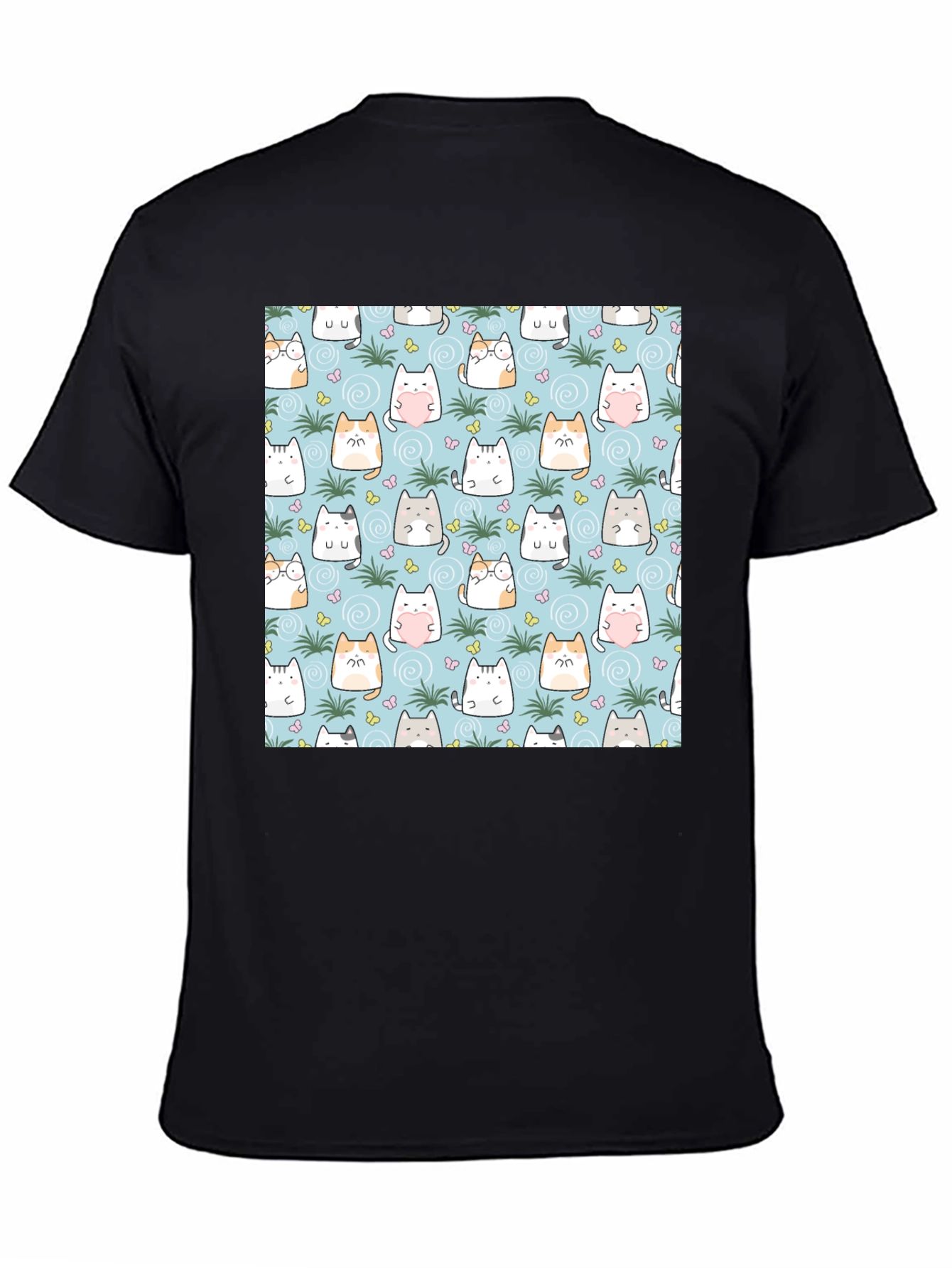 Cute Cats Pattern T-Shirt - Mens Black Tee
