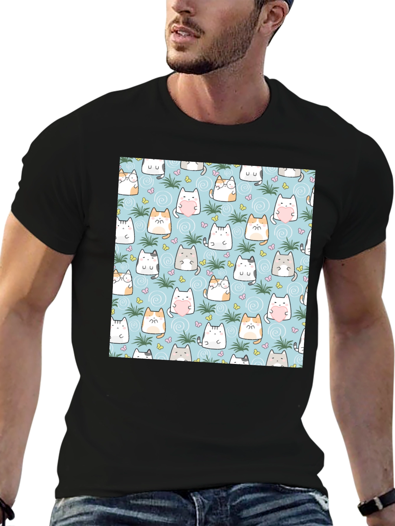 Cute Cats Pattern T-Shirt - Mens Black Tee