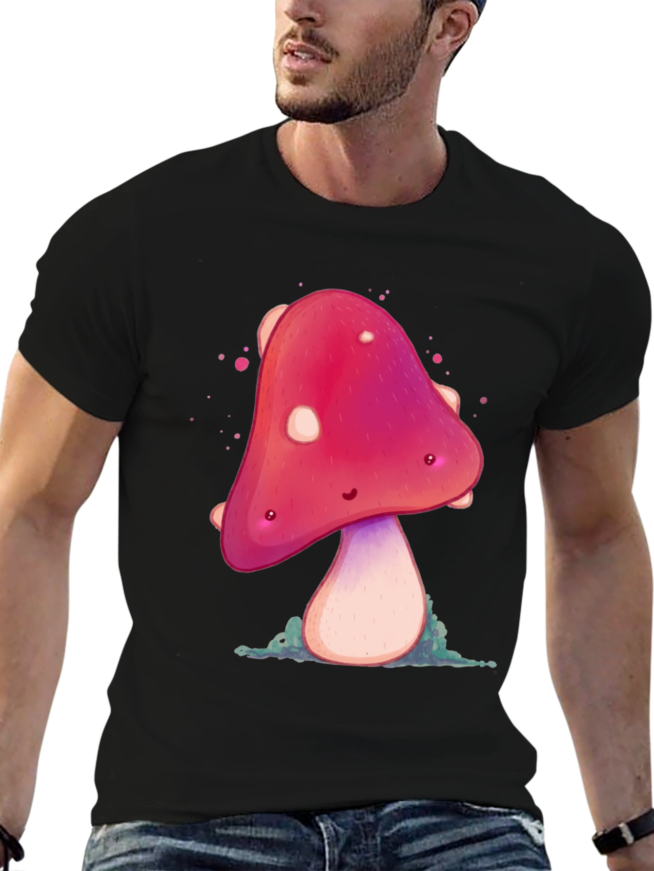 Funky Mushroom Graphic Tee - Black Cotton Blend