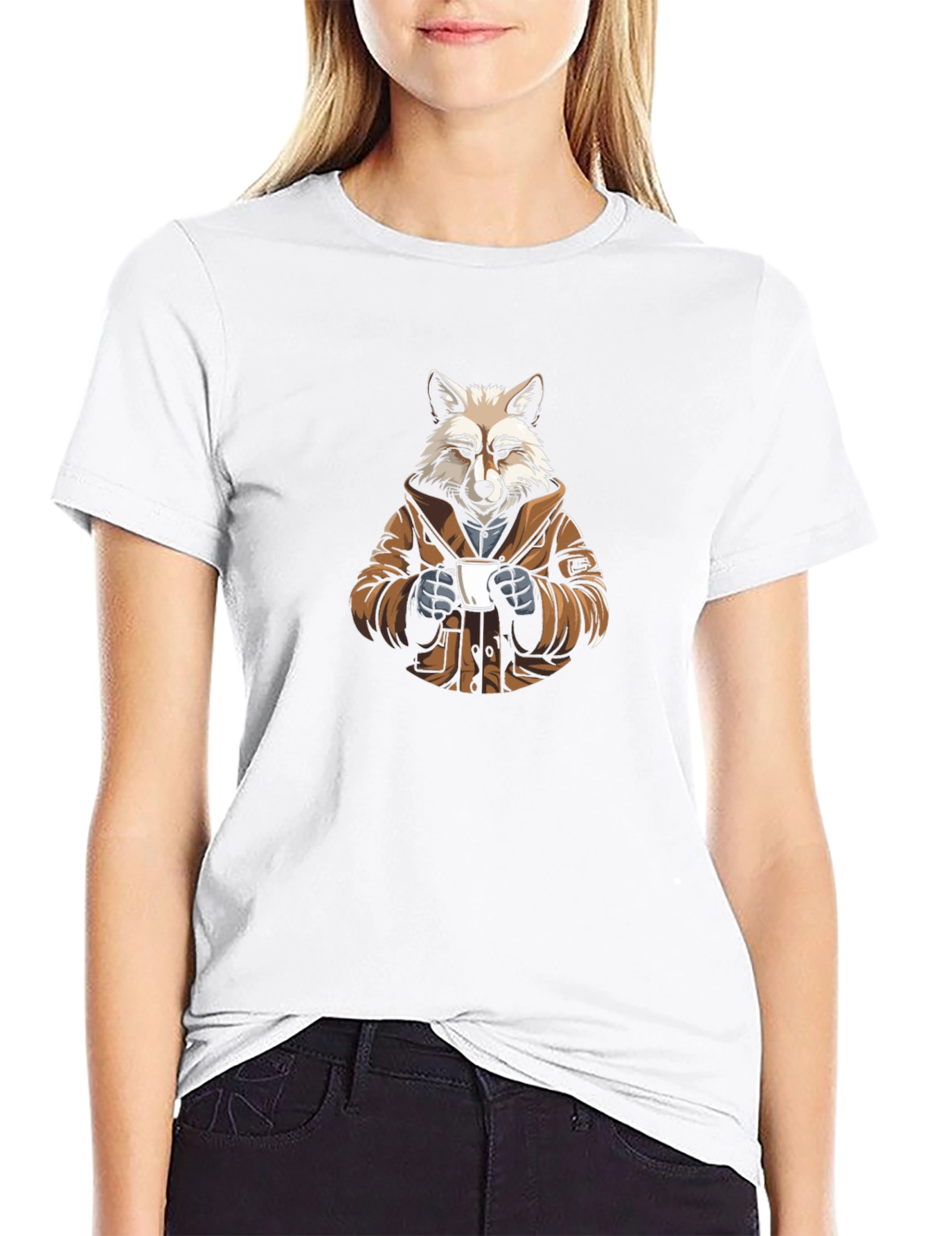 Fox Sipping Coffee Graphic Tee - Cool Animal Design