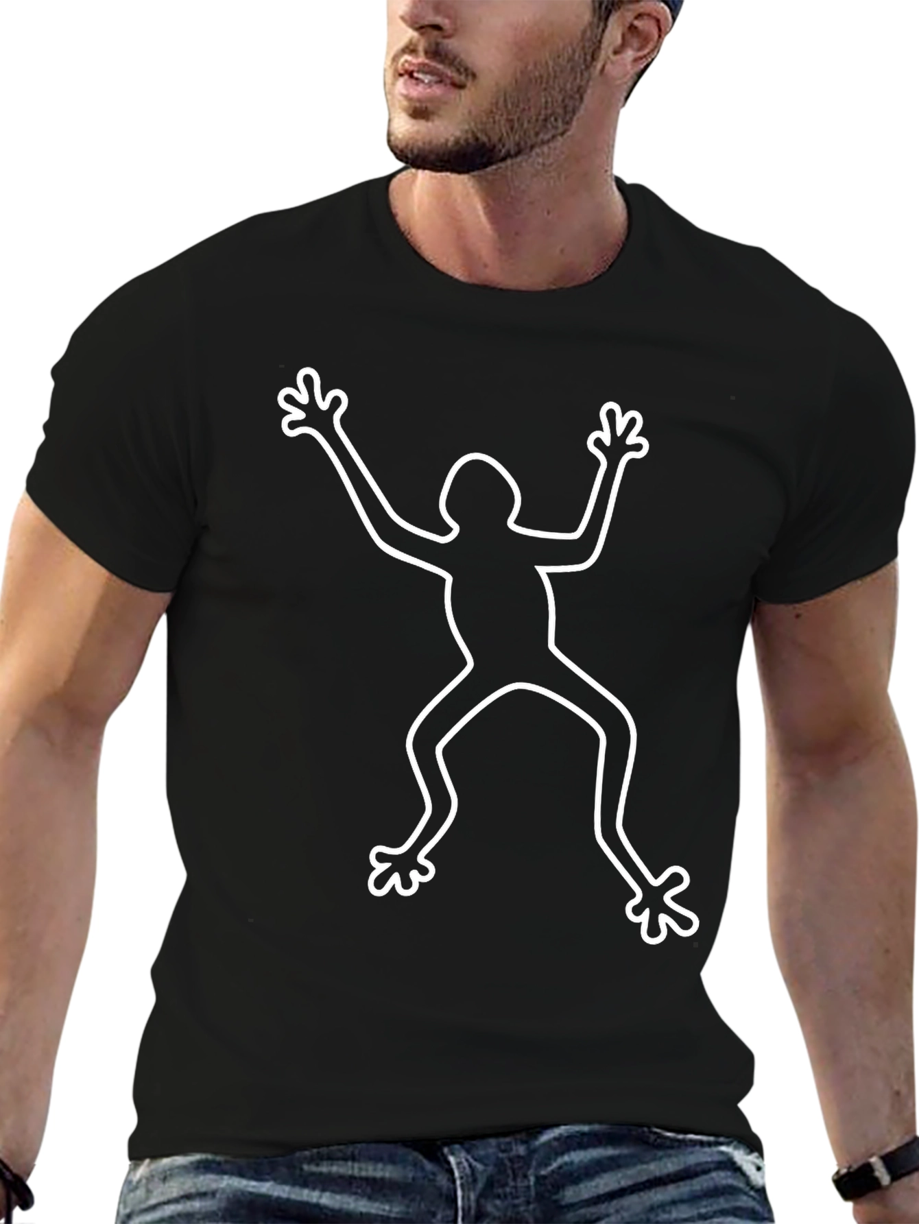 Mens Black T-Shirt with White Figure Graphic