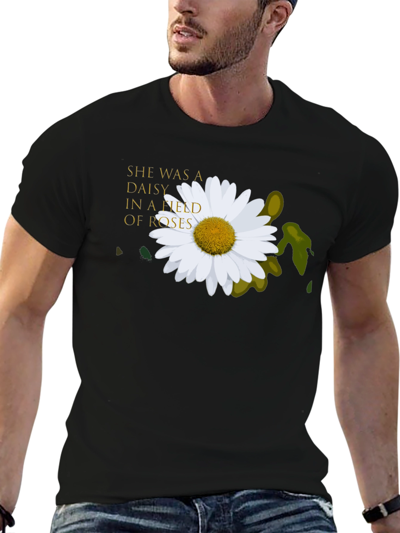 Daisy In A Field of Roses Black T-Shirt