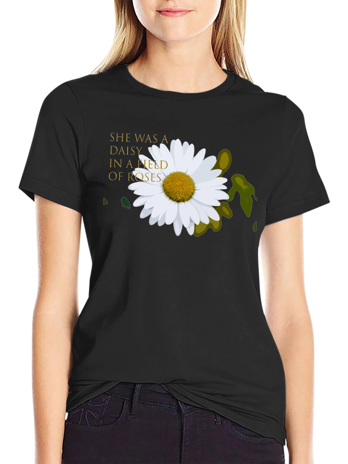 Daisy In A Field of Roses Black T-Shirt