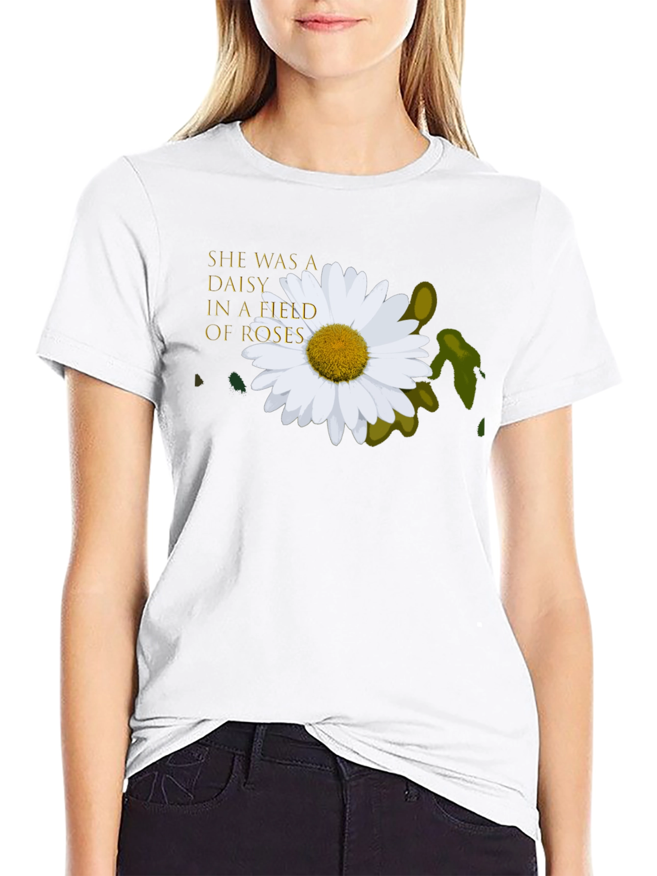 Daisy In A Field of Roses Black T-Shirt