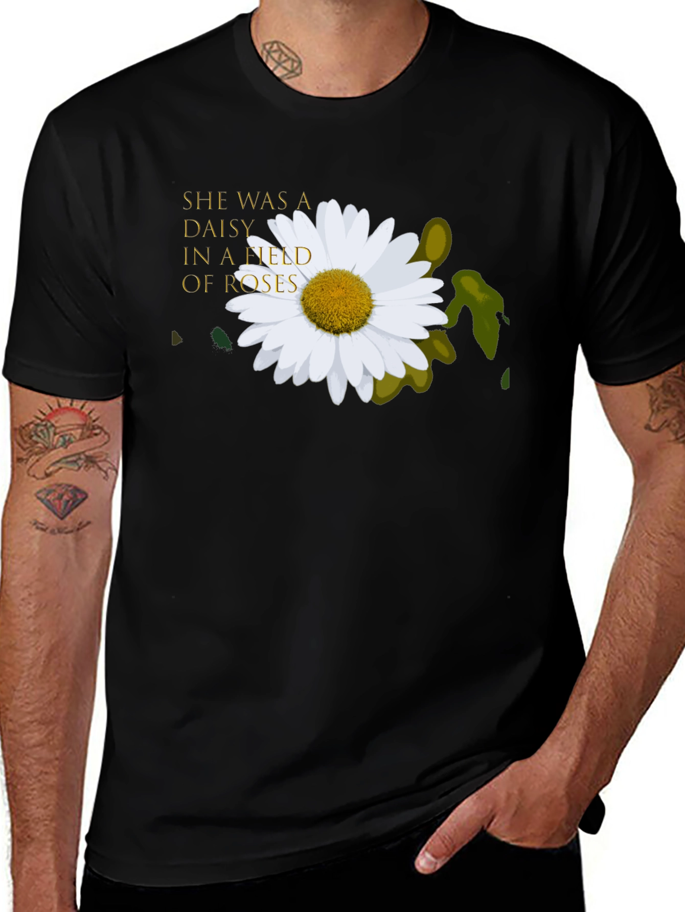 Daisy In A Field of Roses Black T-Shirt
