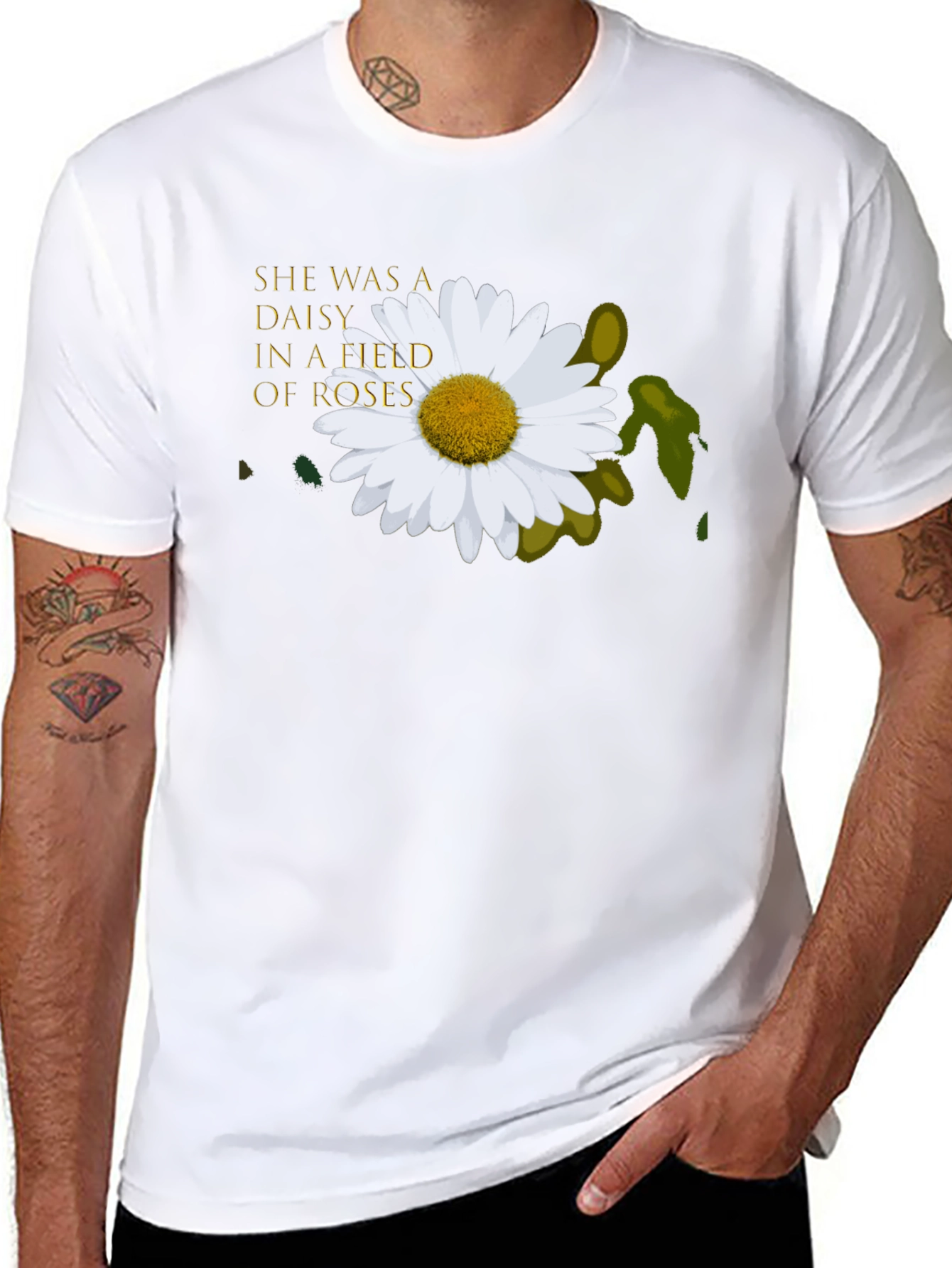 Daisy In A Field of Roses Black T-Shirt