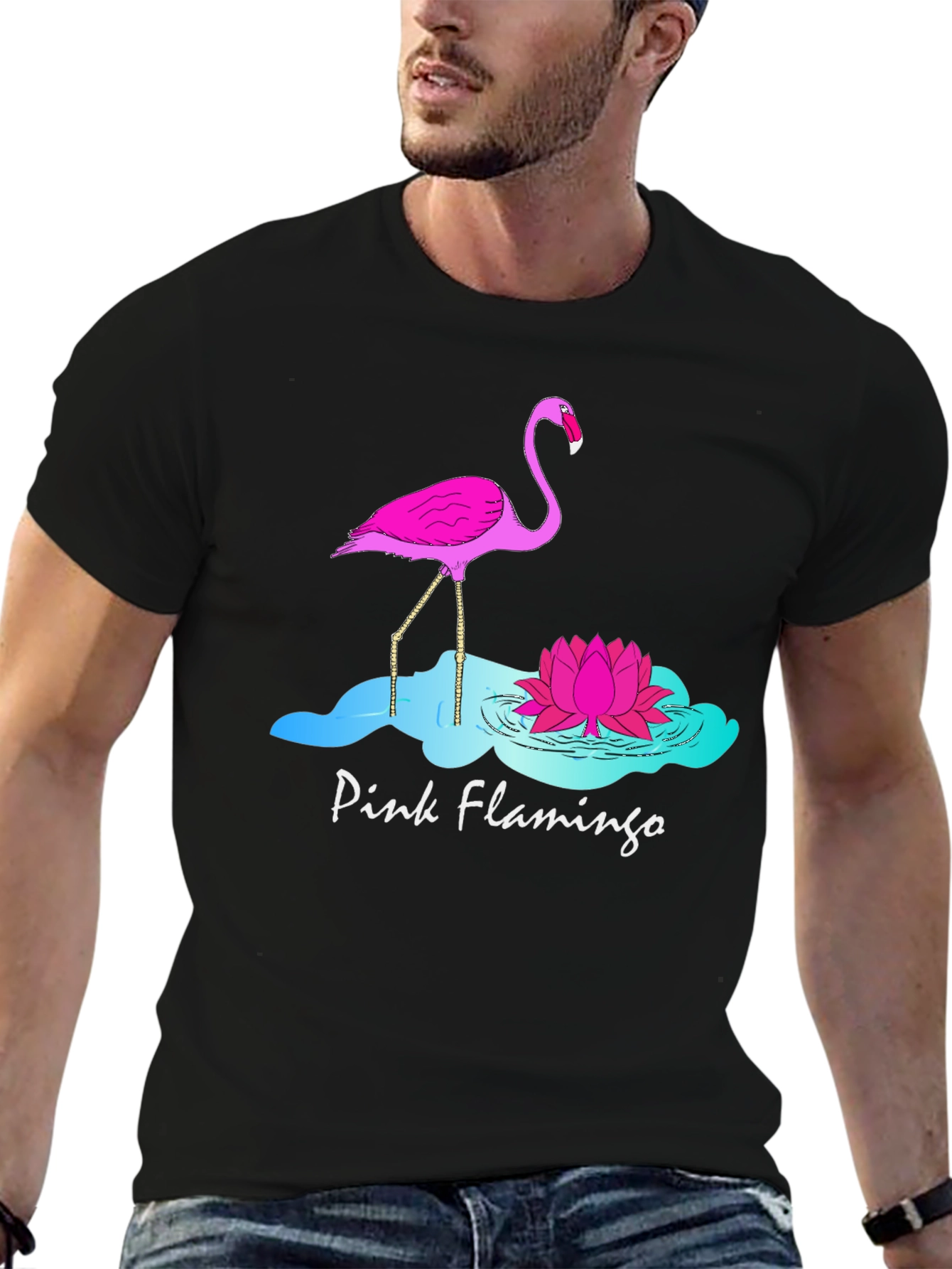 Pink Flamingo Graphic T-Shirt - Black Cotton Tee